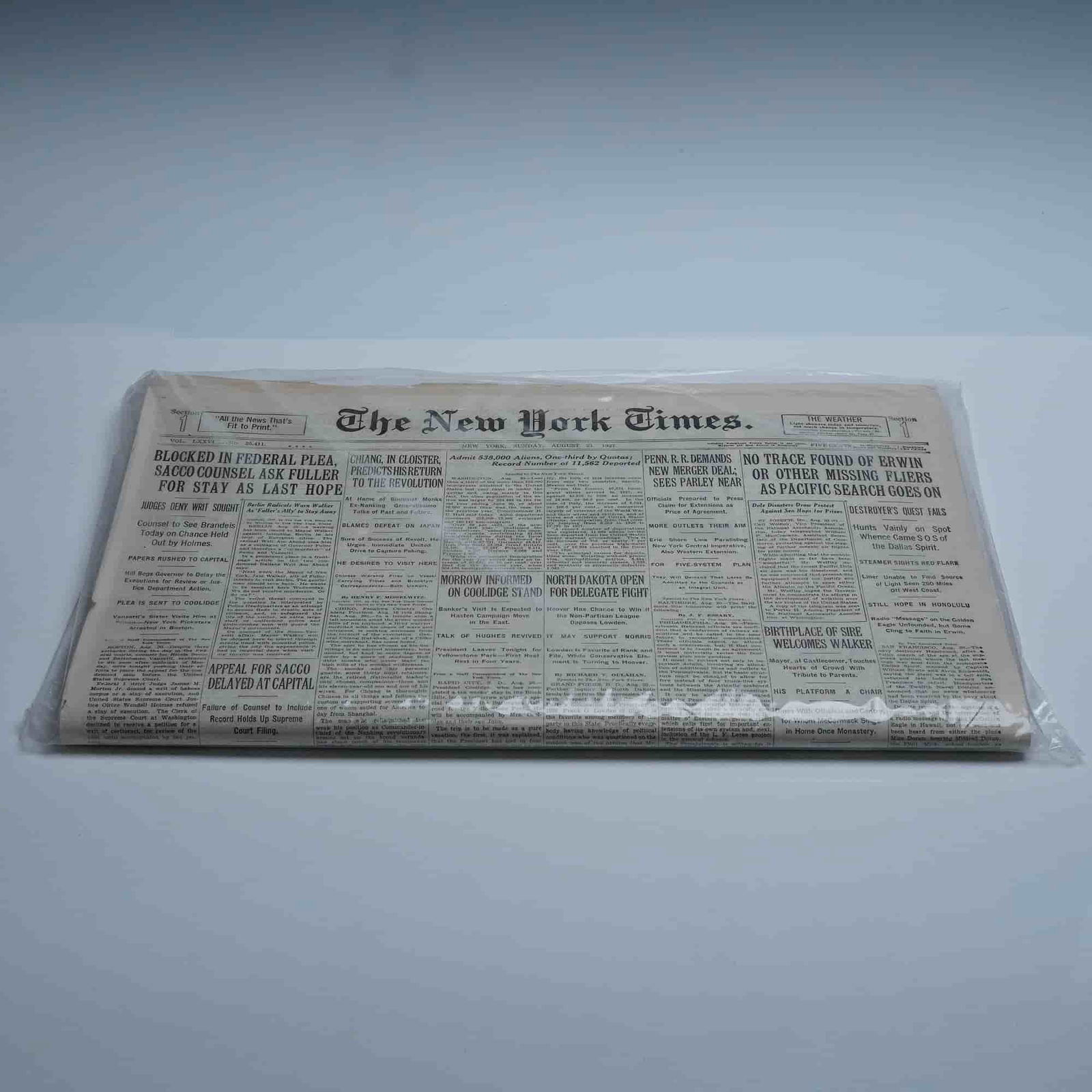 Historic 1927 N.Y. Times Newspaper - Sacco & Vanzetti, Immigration & More: An original issue of The New York Times, dated Sunday, August 21, 1927, accompanied by a Certificate of Authenticity from Historic Newspapers of America, certifying it as a genuine period print and