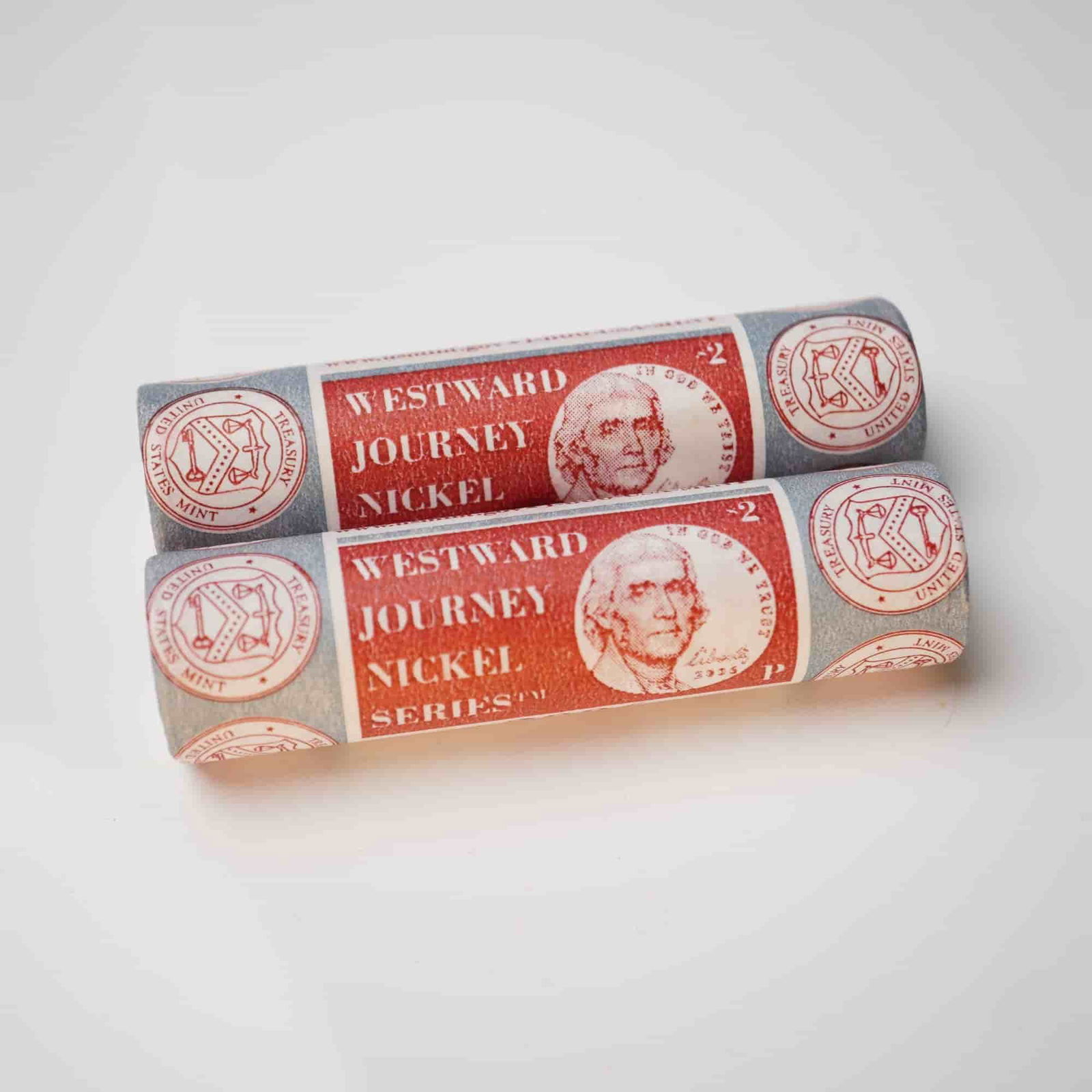 2pc 2006-P Westward Journey Nickel Series Rolls: Two United States Mint rolls of 2006-P Westward Journey Nickels, each containing forty coins. Obverse features Thomas Jefferson and reverse features Monticello, the home of President Thomas