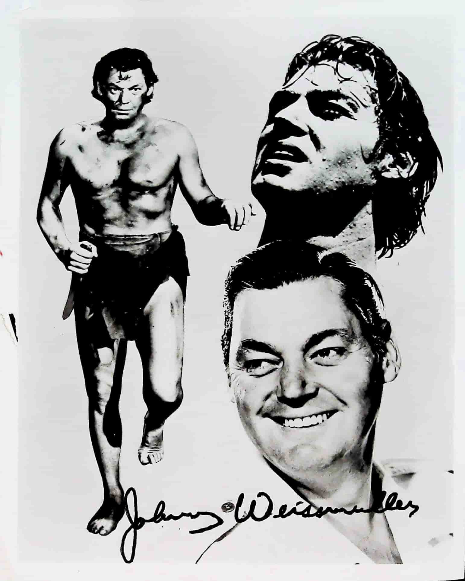 Johnny Weissmuller Signed Publicity Photograph as Tarzan: A publicity photograph featuring Johnny Weissmuller as Tarzan. This black and white photographic print features a composite image of the actor Johnny Weissmuller. It depicts him in three distinct