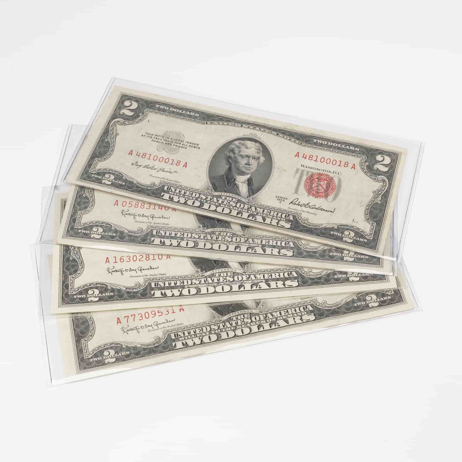 4pc 1953 A,C, 1963, 1963A U.S. Red Seal Two Dollars Notes (1 of 3)