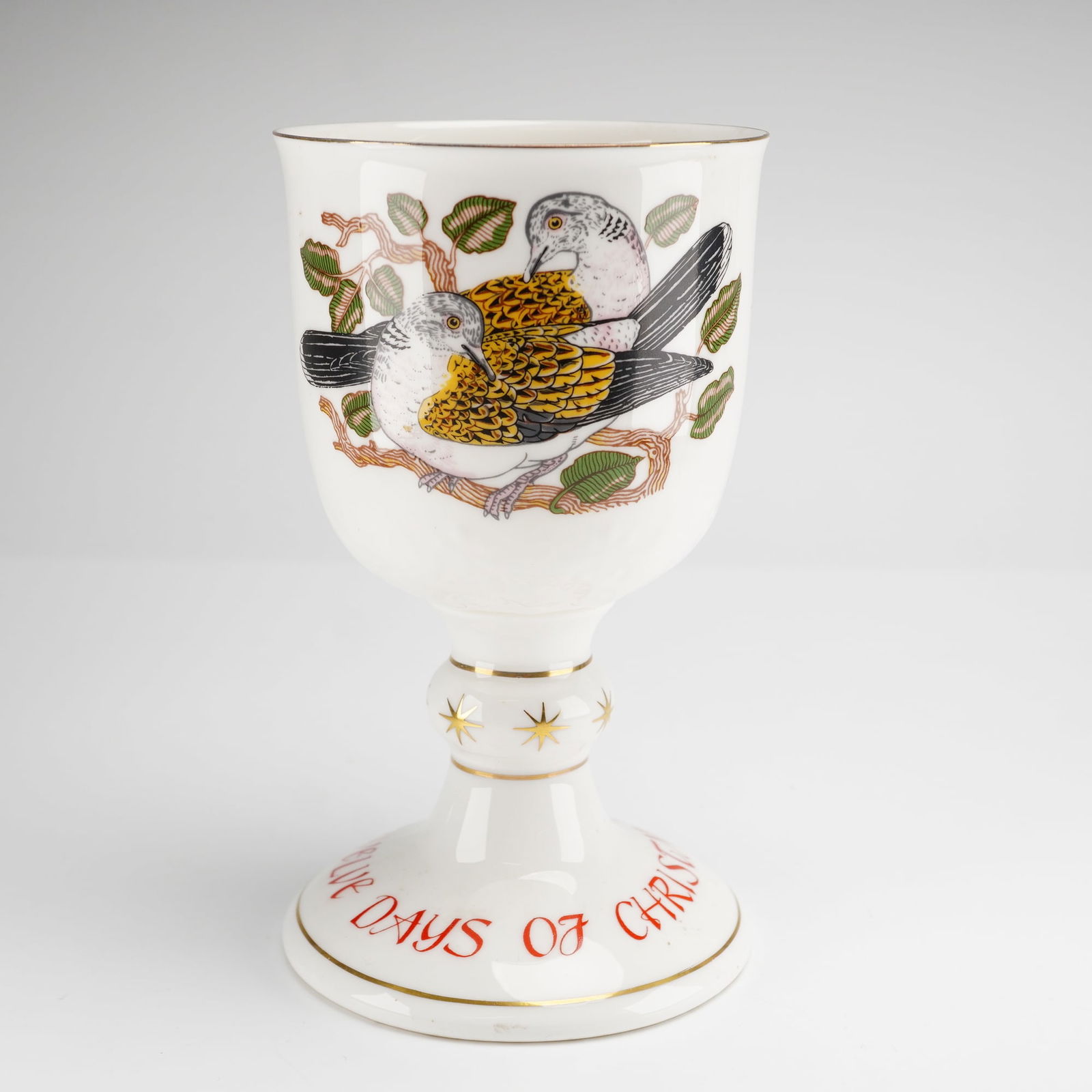 Royal Doulton Twelve Days of Christmas Two Turtle Doves Goblet: A Royal Doulton bone china goblet from the Twelve Days of Christmas series, representing the Second Day of Christmas. The white vessel features a polychrome illustration of two turtle doves on a