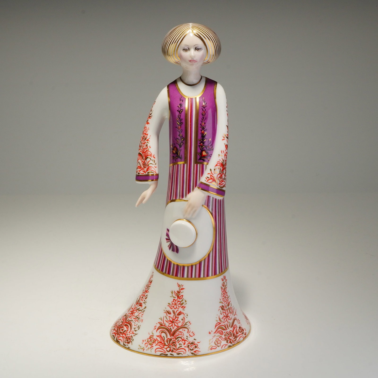 Royal Crown Derby The Classic Collection Dione Figurine 1986: A Royal Crown Derby English bone china figurine titled Dione from The Classic Collection, dated 1986. The stylized figure is depicted with bobbed hair featuring gold-striped accents. She wears a long