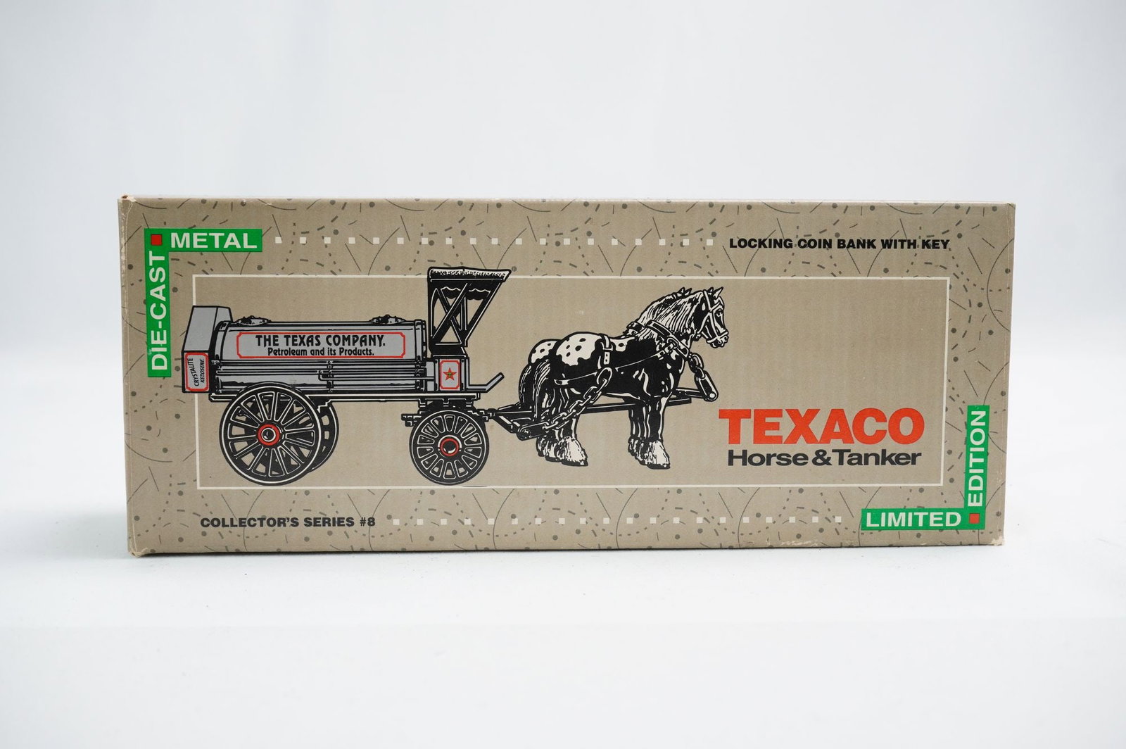 Ertl Limited Edition Texaco Horse and Tanker Die-Cast Coin Bank: A single die-cast metal and plastic vehicle set produced by ERTL in 1991, Stock Number 9390VP, part of the Collector's Series #8. This Limited Edition piece depicts a two-horse team harnessed to a tan