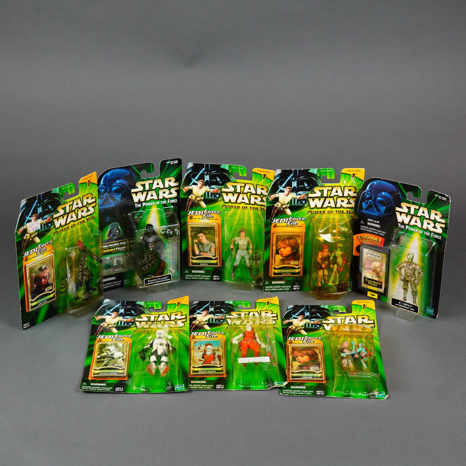 Hasbro Star Wars Power of the Jedi and Power of the Force Action Figures, 1998-2000.: Manufactured by Hasbro, this collection features eight action figures from the Star Wars "Power of the Jedi" and "Power of the Force" lines. The figures are constructed of molded plastic and are mount