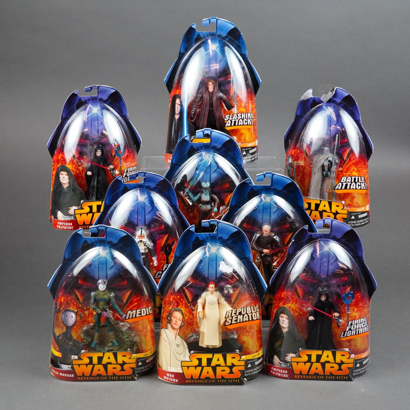 Hasbro Star Wars Revenge of the Sith Action Figure Collection, 2005.: A collection of nine Star Wars action figures manufactured by Hasbro for the 2005 Revenge of the Sith (Episode III) toy line. The group includes various characters from the film, each constructed of m