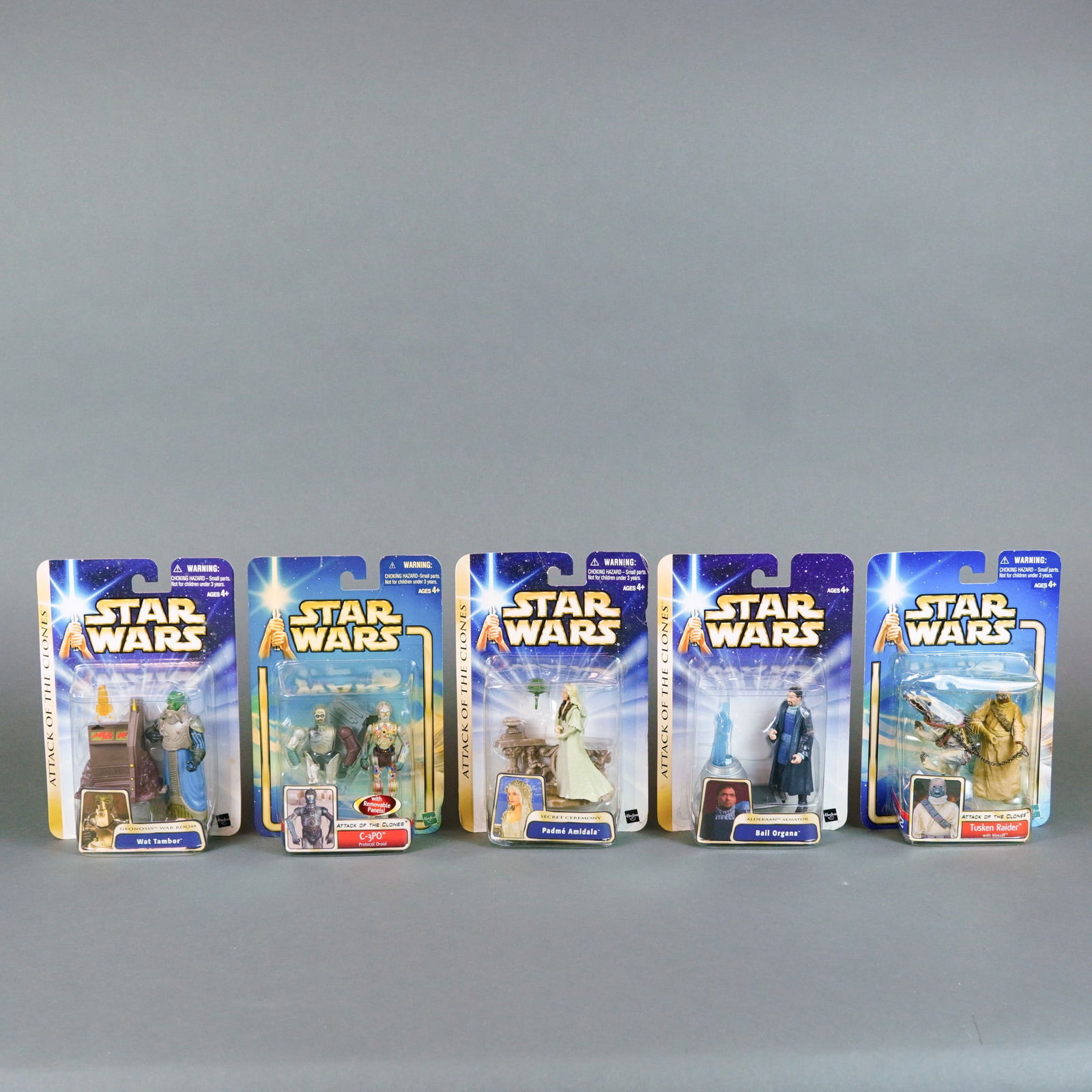 Hasbro Star Wars Saga Collection Attack of the Clones Action Figures, 2002-2003.: A group of five original Star Wars action figures manufactured by Hasbro as part of the Saga collection, released in conjunction with the film Episode II: Attack of the Clones. These plastic figures a