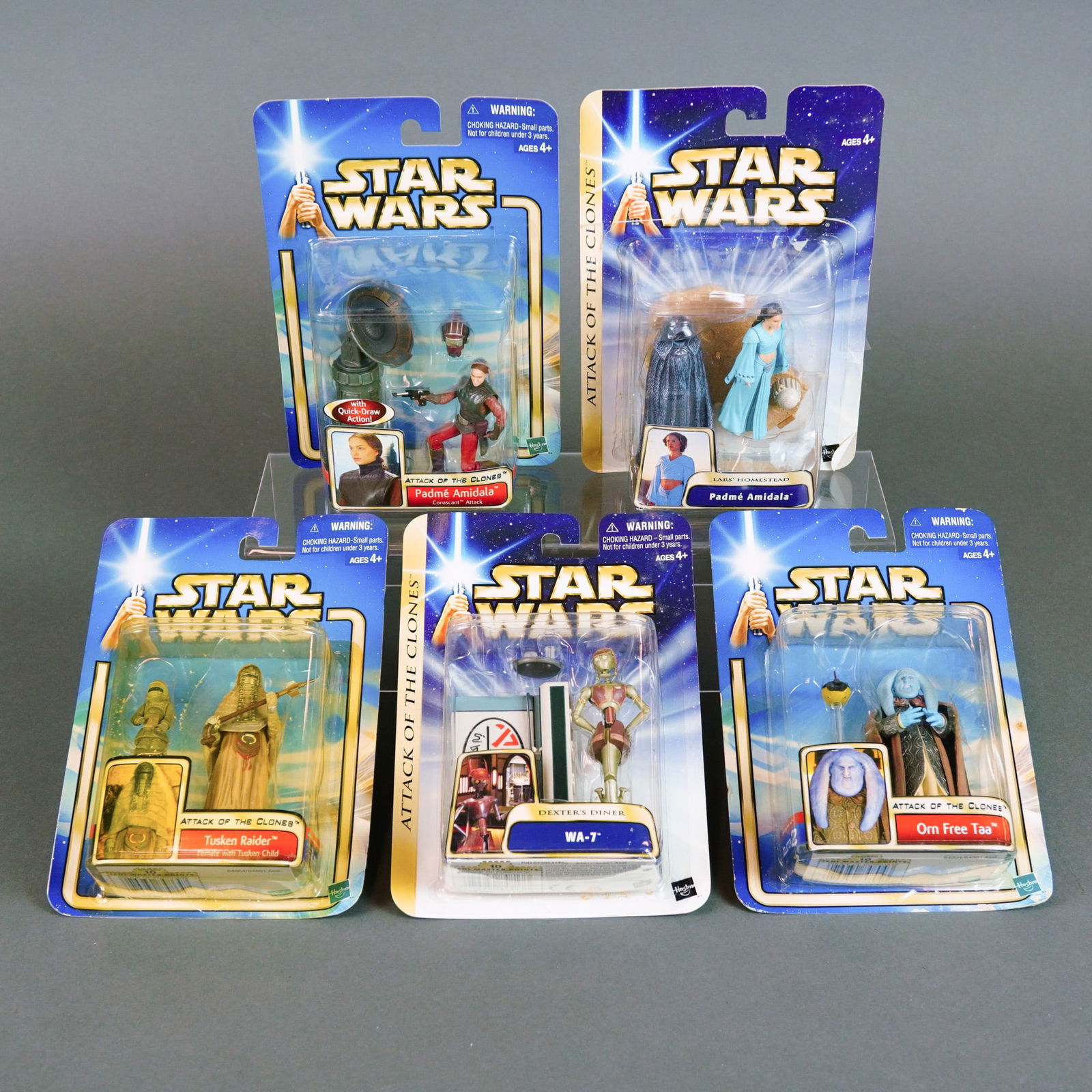 Hasbro Star Wars Saga Series Attack of the Clones Action Figures, 2002-2003: Manufactured by Hasbro, this is a collection of five 3.75-inch scale plastic action figures from the Star Wars Saga series, released for the theatrical debut of Episode II: Attack of the Clones. The g