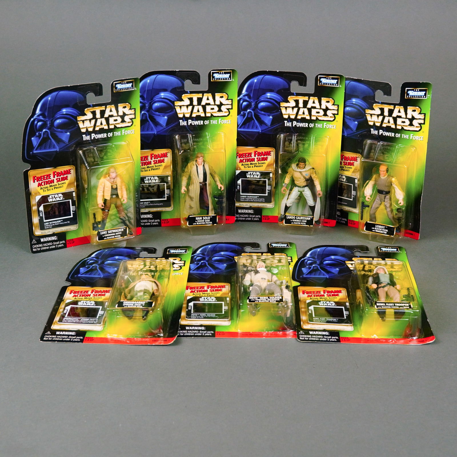 Kenner Star Wars The Power of the Force Freeze Frame Action Slide Figures, Late 1990s: Manufactured by Kenner (Hasbro), this is a collection of seven action figures from the Star Wars: The Power of the Force line, specifically the Freeze Frame Action Slide series. Each figure is constru