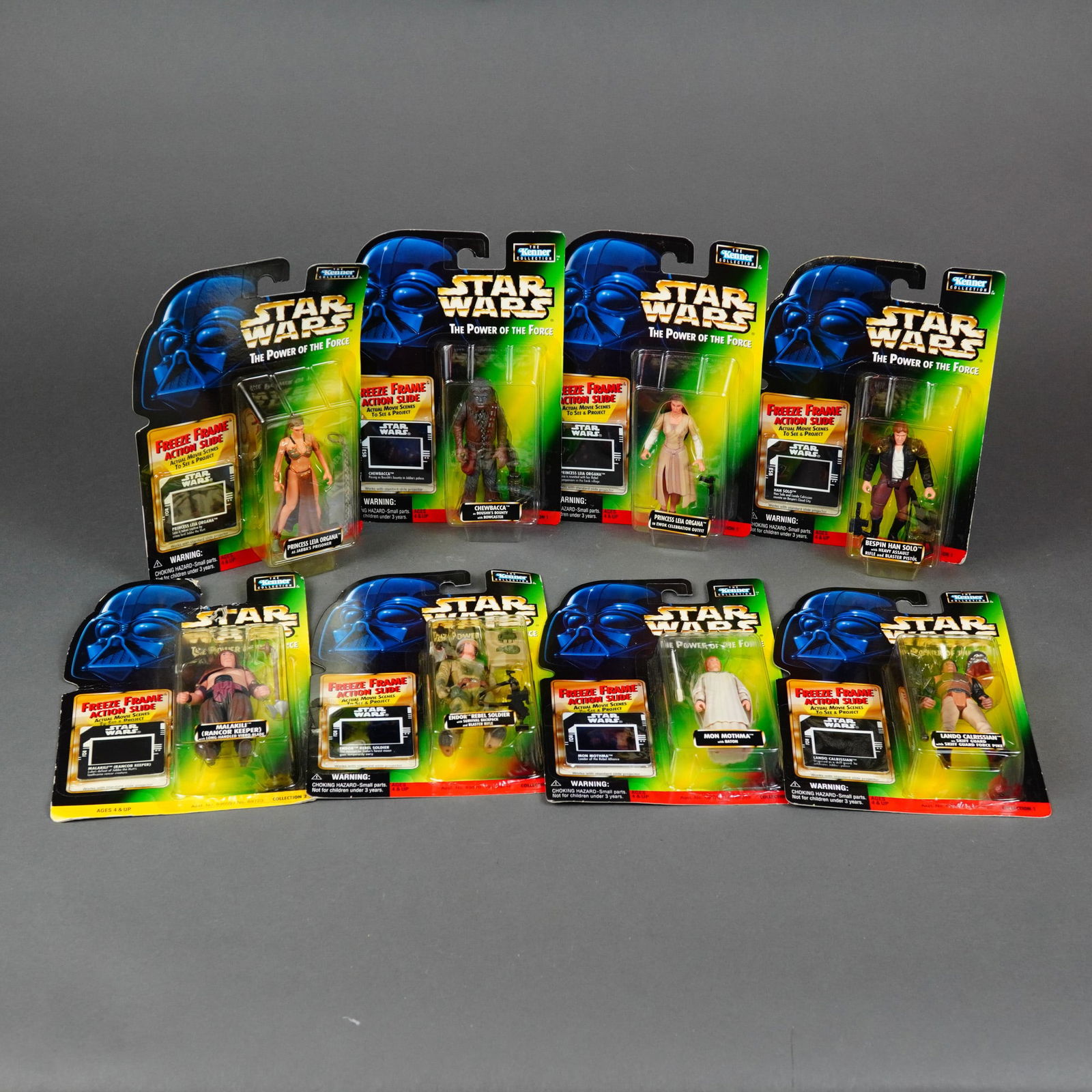 Kenner Star Wars: The Power of the Force Freeze Frame Action Figures, 1997-1998: Kenner (Hasbro) Star Wars: The Power of the Force (POTF2) 3.75-inch scale plastic action figures. This collection includes eight individual figures from the Freeze Frame Action Slide series, produced