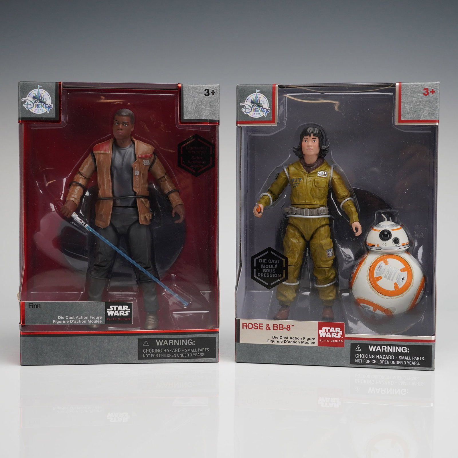 2pc Disney Star Wars Elite Series Finn Rose and BB8: A collection of two sealed die-cast action figure sets from the Disney Star Wars Elite Series that features characters from the Star Wars universe, produced in collaboration with Lucasfilm. The first