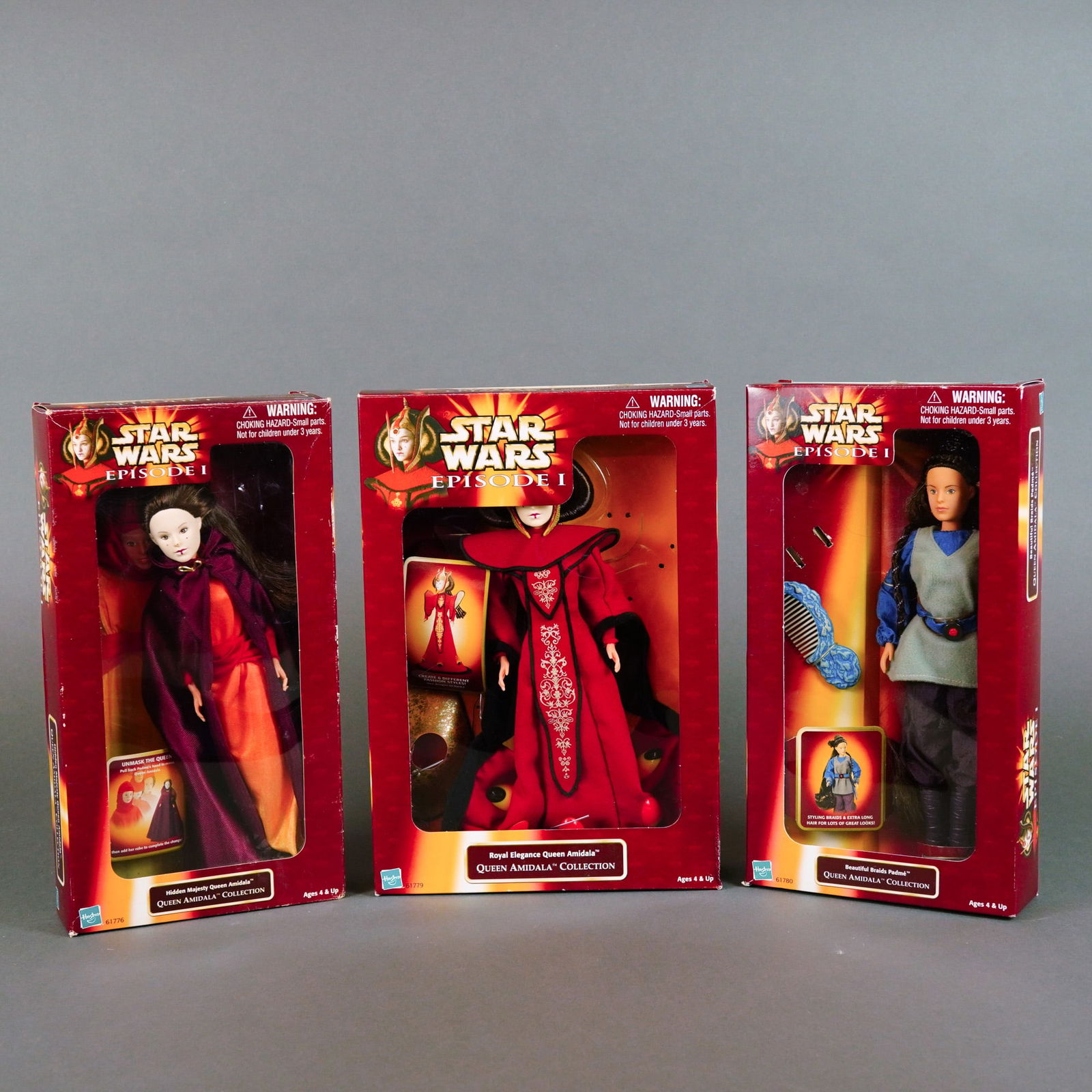 Three Hasbro Star Wars Episode I Queen Amidala Collection Fashion Dolls, 11-12 Inches: This lot consists of three vinyl fashion dolls manufactured by Hasbro circa 1998-1999 as part of the Star Wars: Episode I " Queen Amidala Collection. The set includes Hidden Majesty Queen Amidala (Ite
