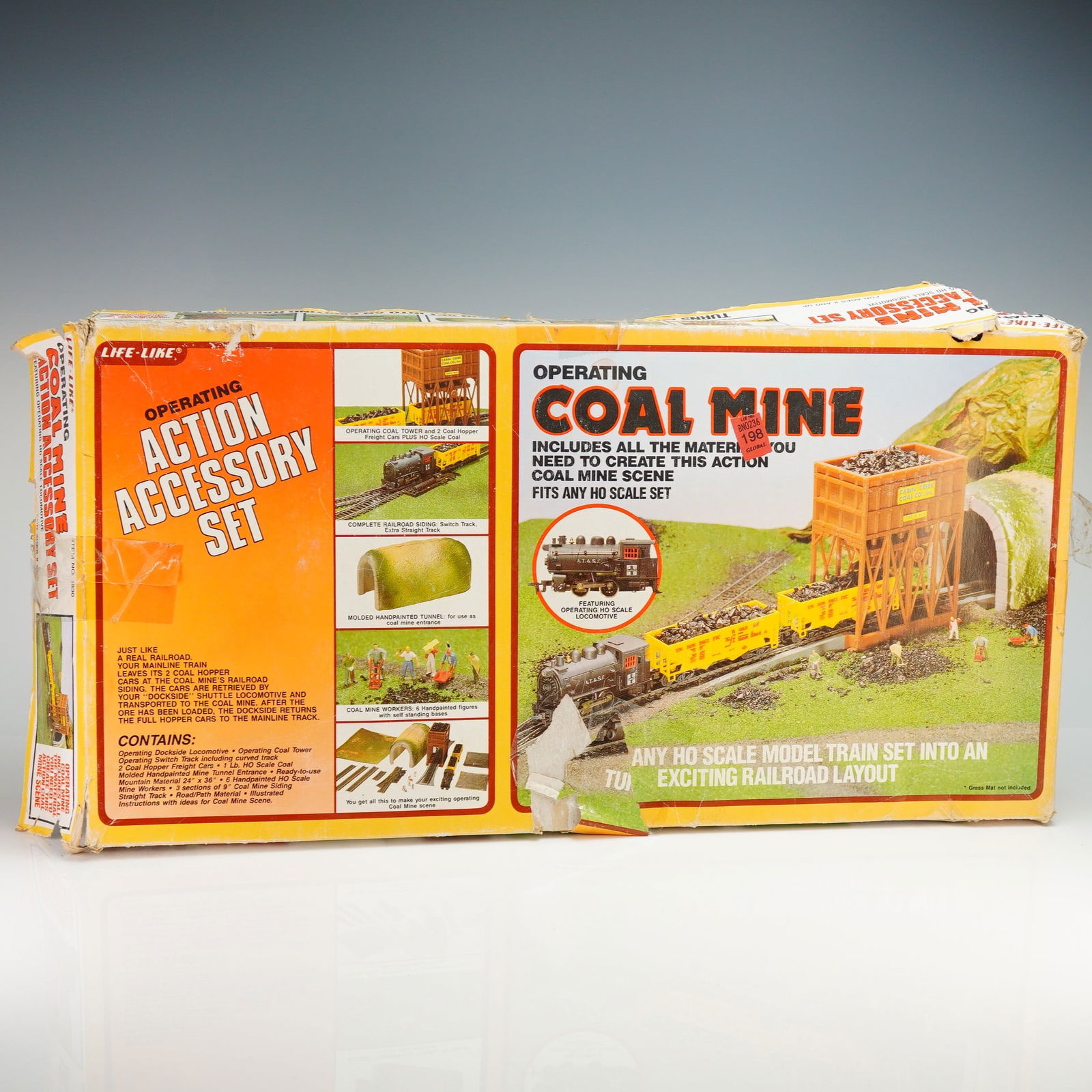 Boxed Set of HO Scale Model Train Accessories, Life-Like Coal Mine: A collection of HO scale model train accessories and components from manufacturers including Life-Like, Bachmann, and Tyco. The primary item is a Life-Like Operating Coal Mine HO scale set, Item No.