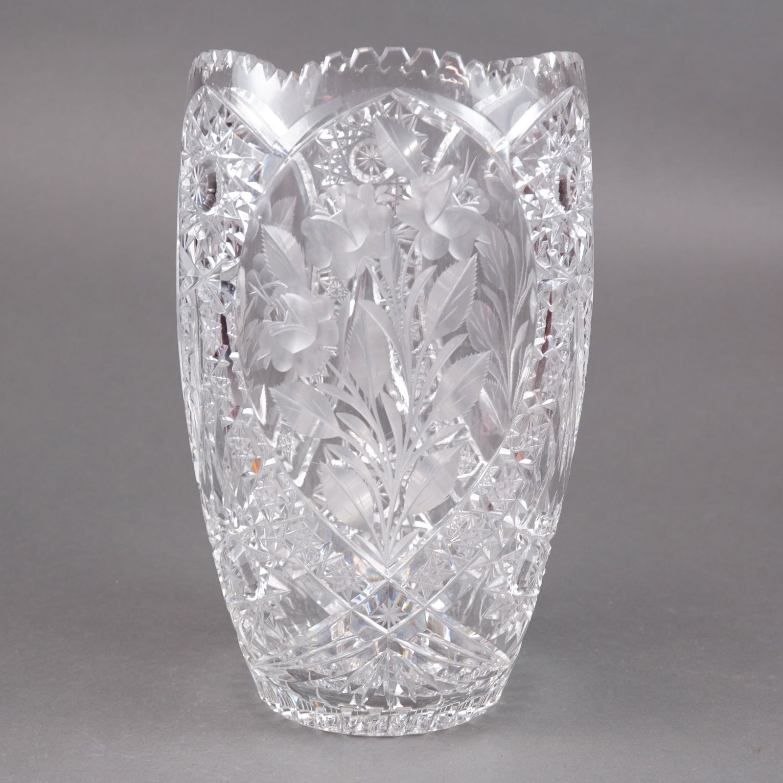 Brilliant Cut Lead Crystal Vase with Sawtooth Edge and Etched Floral Patterns (1 of 4)