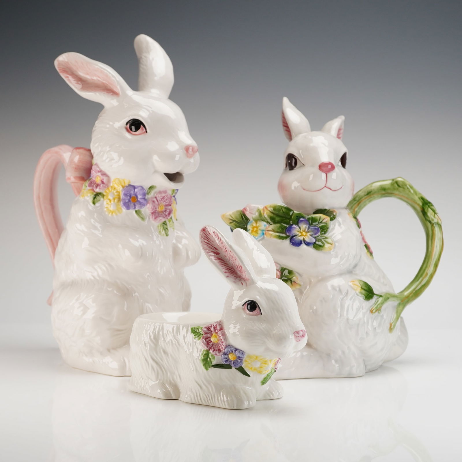 3pc Chinese and Taiwanese Ceramic Bunny Rabbit Spring Jugs and Bowl (1 of 3)