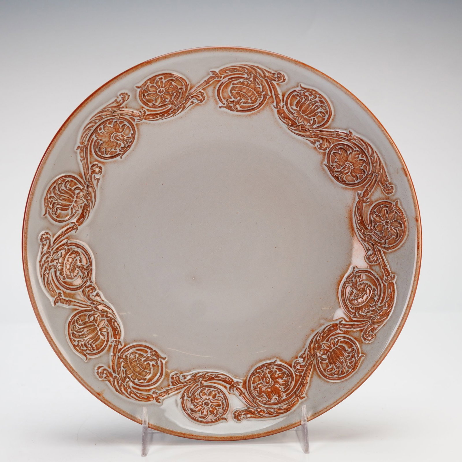 Rare Wedgwood Norman Wilson Transmutation Glaze Patrician Pattern Bowl: This rare Wedgwood ceramic bowl features a pale celadon-glazed body with a gray wash transmutation glaze applied over the embossed flowers and scrolls of the Patrician pattern. Designed by Norman Wils