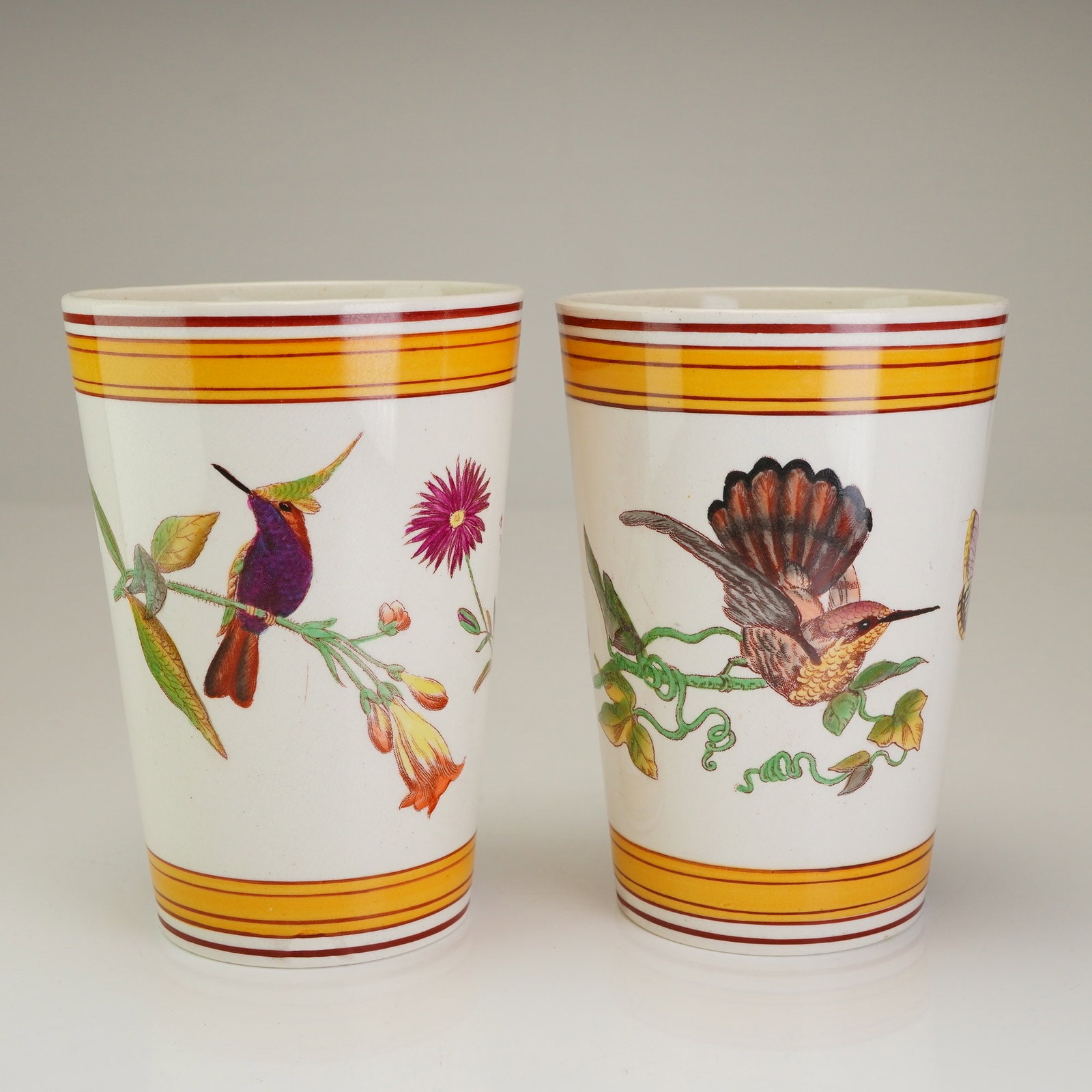 2pc Wedgwood Porcelain Hummingbird Cups: A pair of fine porcelain tapered cylindrical cups produced by Wedgwood, England. The vessels feature high-quality polychrome illustrations of various hummingbird species in a naturalistic style, shown