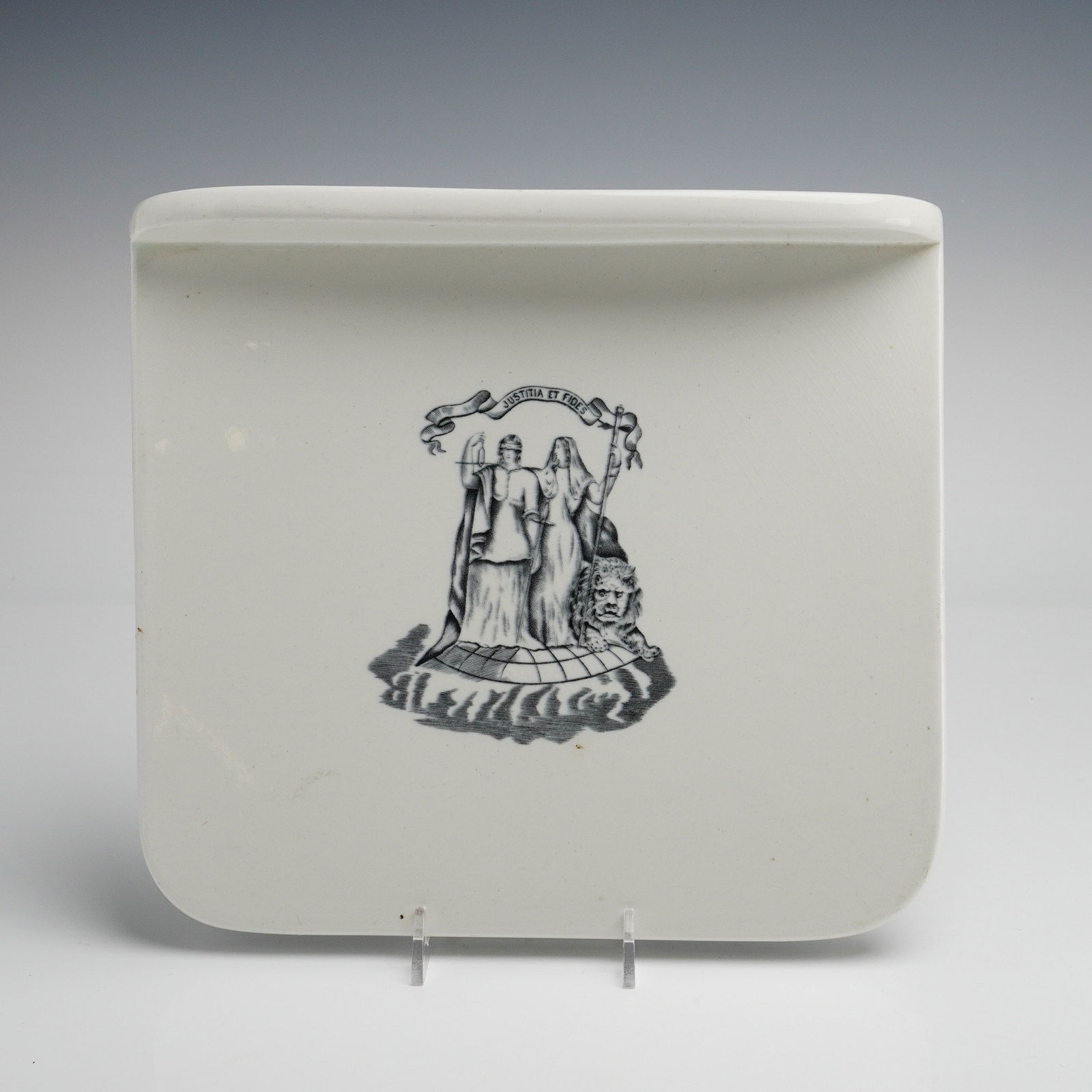 Wedgwood Ironstone Justitia et Fides Scale Plate: This Wedgwood ironstone scale plate is a rectangular ceramic display plaque featuring a raised upper lip and rounded lower corners. The center of the face contains a black transfer-printed allegorical