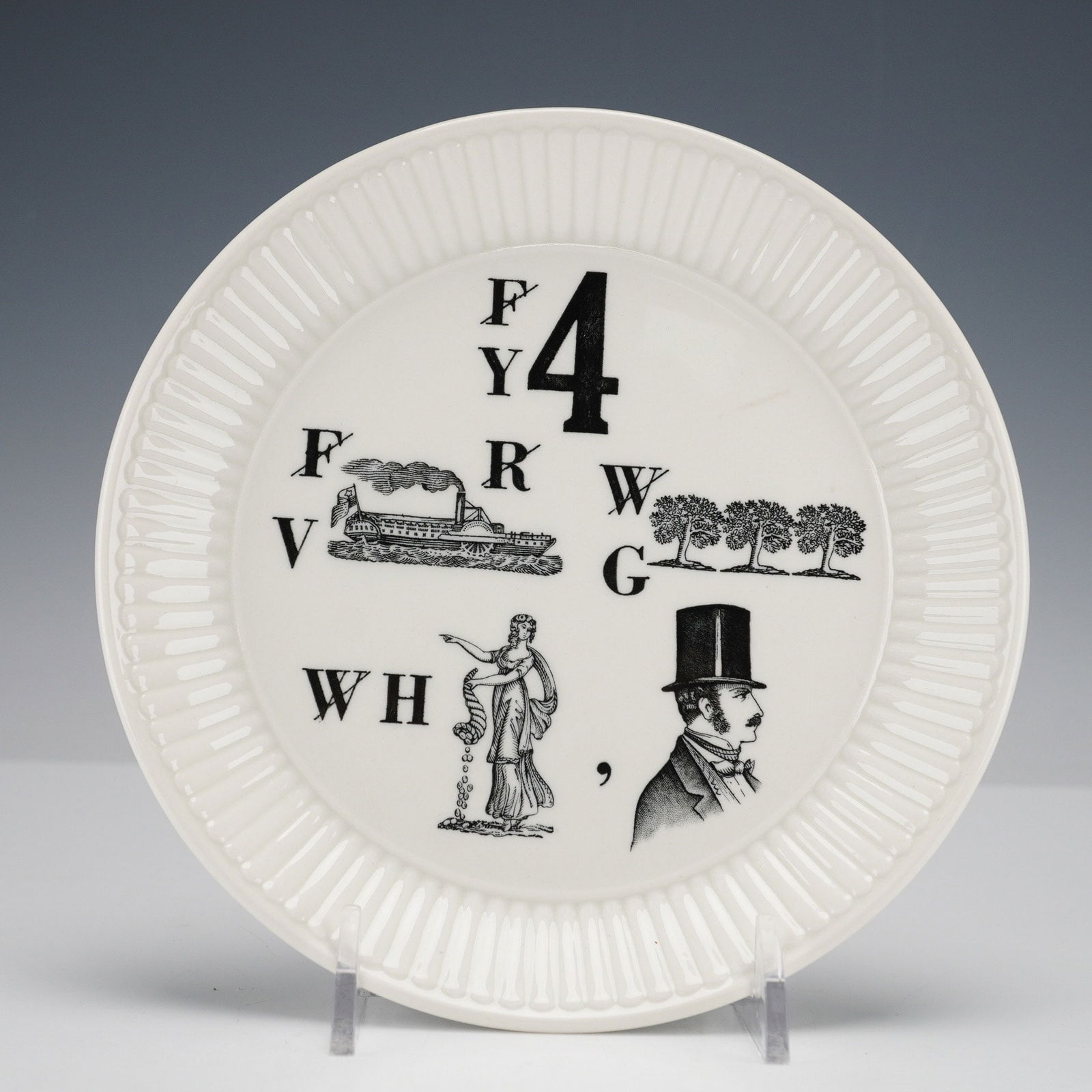 Wedgwood Rebus Puzzle Plate, Your Very Good Health, Sir: A Wedgwood 'Your Very Good Health, Sir' rebus puzzle plate, circa 1960s. This white glazed ceramic plate features a fluted rim and a central design executed in black transferware. The front displays a