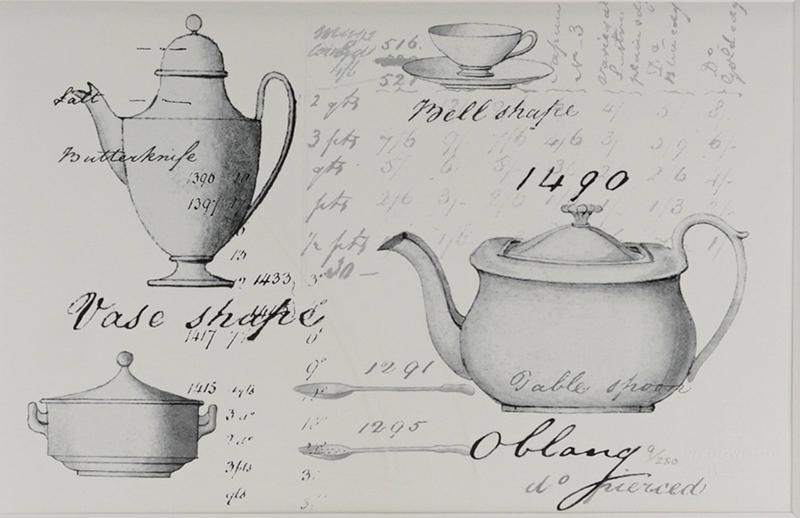 Framed Ltd. Edition Wedgwood Technical Silverware Print: A framed monochrome print from the Wedgwood Museum depicting technical drawings of tableware and silverware designs. The print features detailed illustrations of a tall coffee pot, a teapot, a cup and