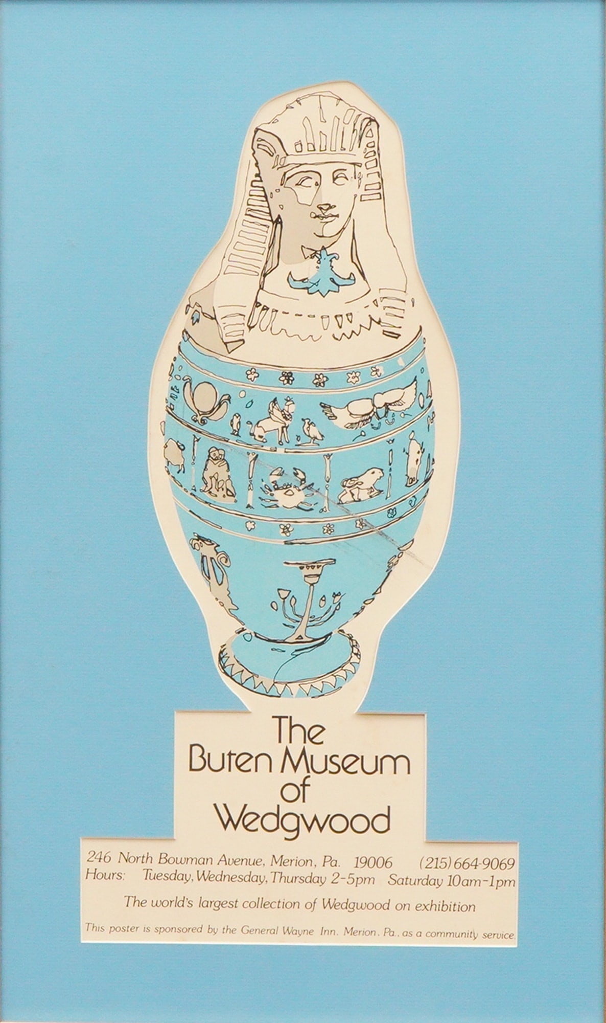 Framed Poster for The Buten Museum of Wedgwood Exhibition, Merion PA: The item is a framed poster advertising The Buten Museum of Wedgwood exhibition in Merion, Pennsylvania. The vertical print, likely dating to the mid-to-late 20th century, features a die-cut central g