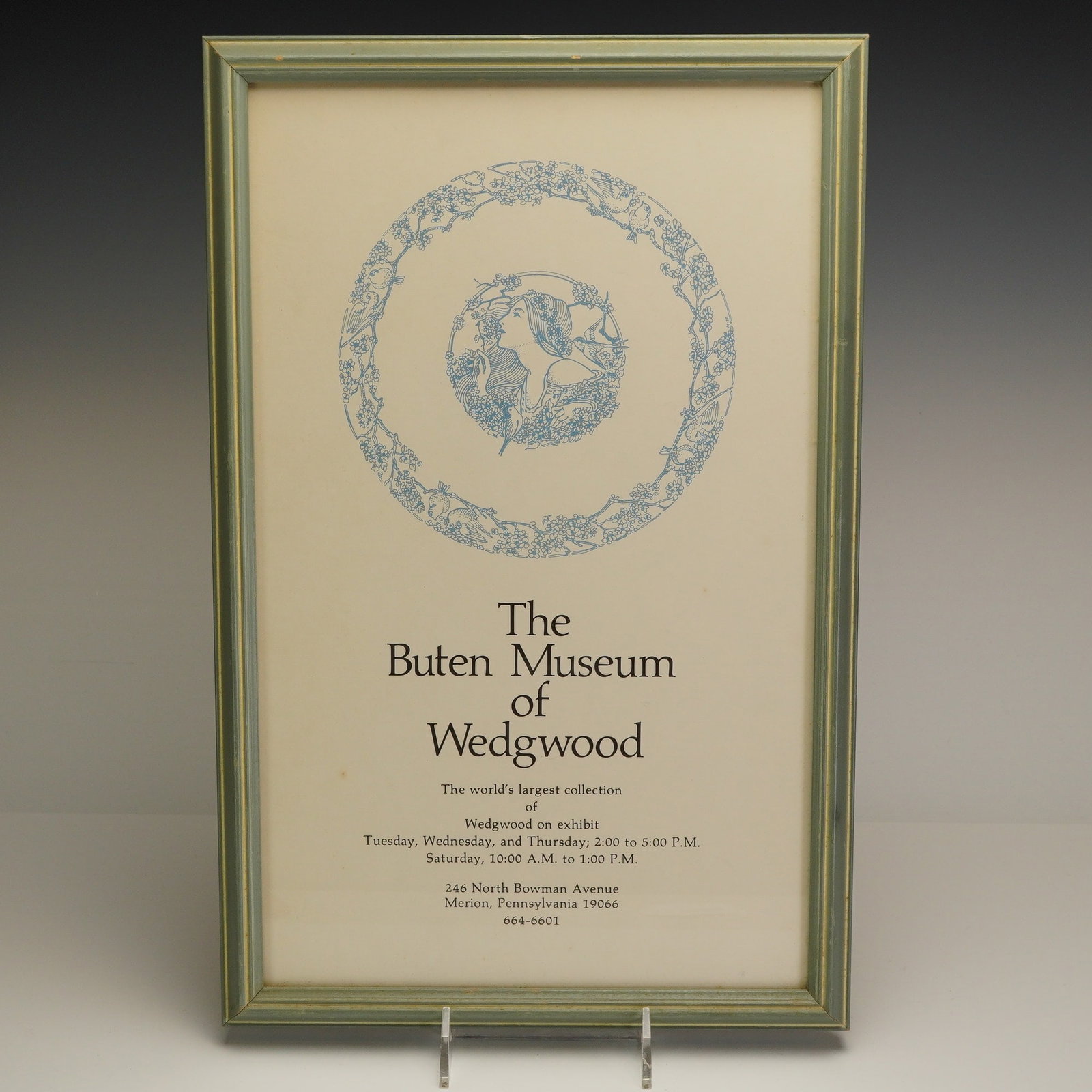 The Buten Museum of Wedgwood Promotional Poster, 1979: This item is a promotional museum poster or broadside advertising The Buten Museum of Wedgwood, which was located in Merion, Pennsylvania. The design features a large circular graphic at the top print