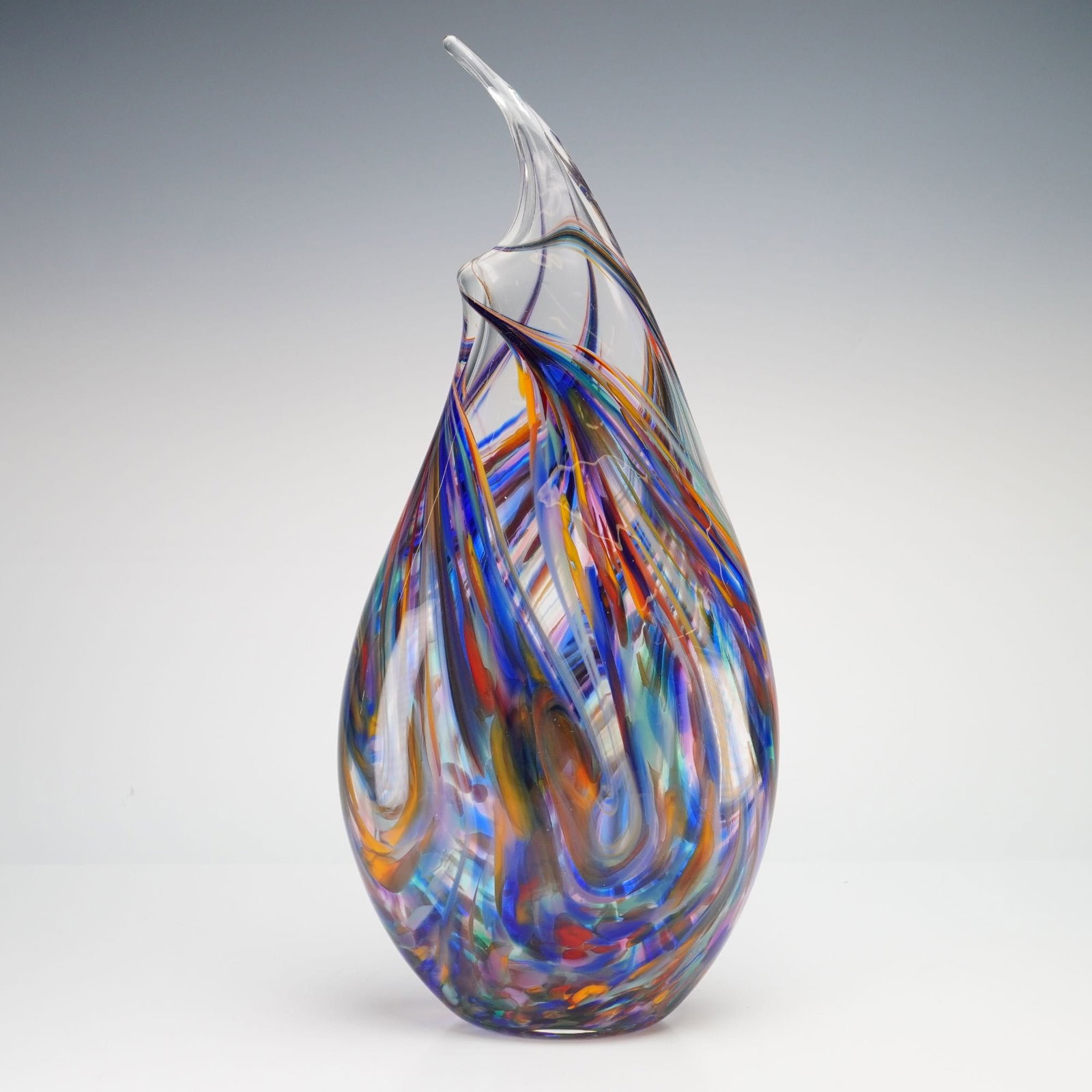 Rosetree Glass Studio Hand-Blown Art Glass Wave Vase: A contemporary American art glass vase from Rosetree Glass Studio, located in New Orleans. This hand-blown piece features a dense application of multicolored frit and internal swirls encased in a heav