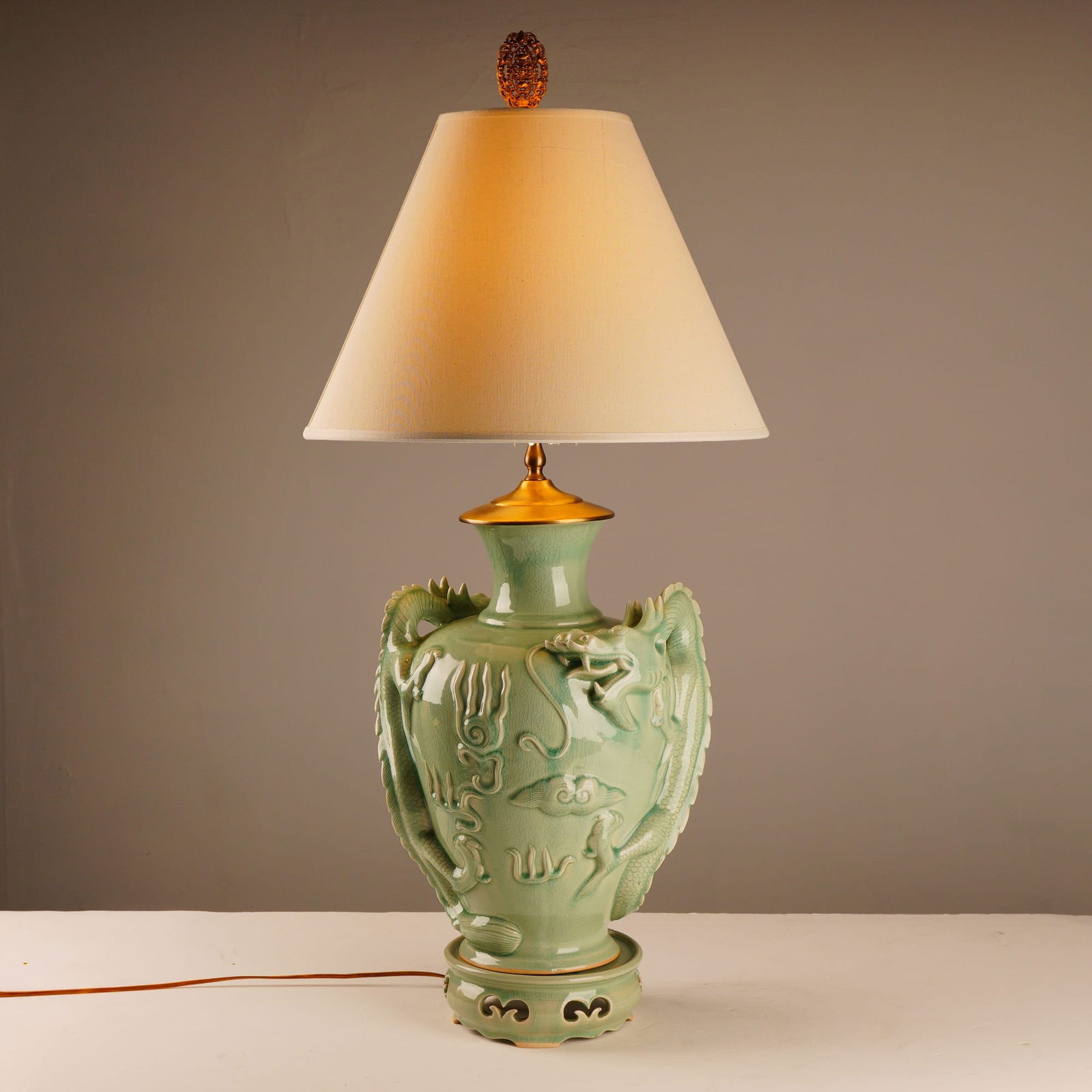 Thai Celadon Ceramic Statement Piece Lamp w/ Dragons Design (1 of 6)