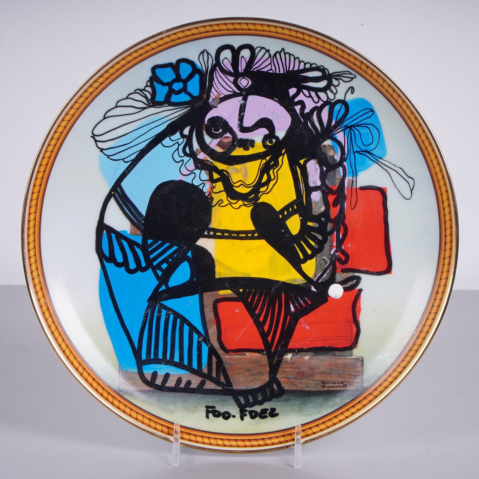 FDO.FDEZ (Cuban, b. 1962) Hand-Painted Porcelain Plate, Signed: This unique decorative work features a contemporary artistic intervention by Cuban artist FDO.FDEZ (Fernando Fernandez) on a 1988 Edwin M. Knowles fine porcelain plate. Originally titled Ye Glutton fr