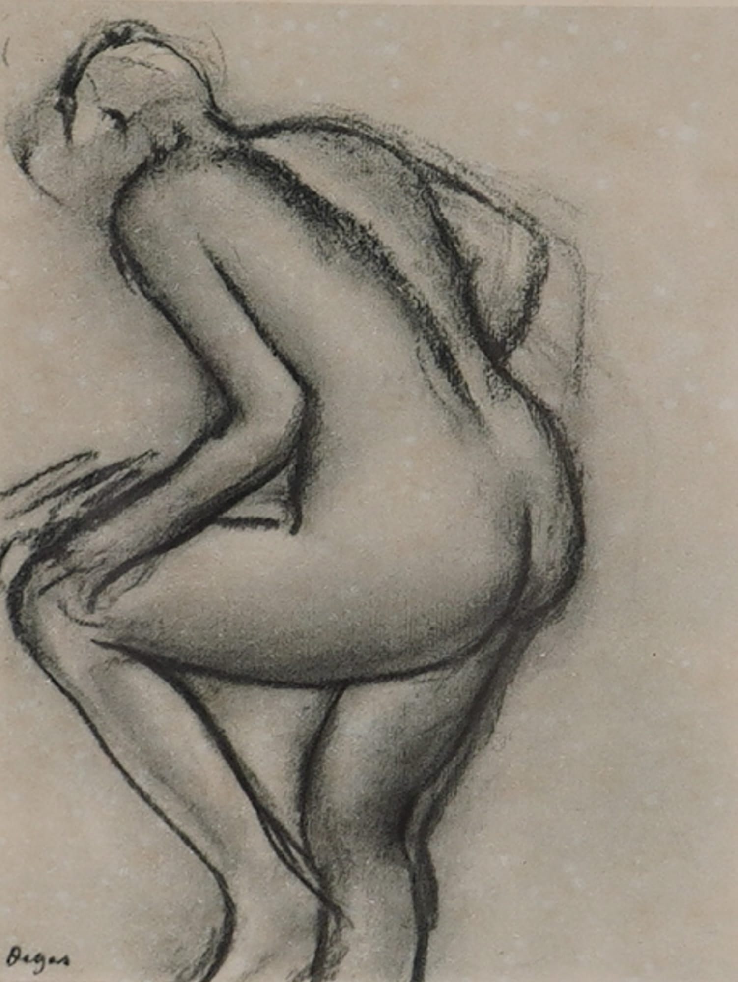 After Edgar Degas (French, 1834-1917), Study of a Nude Engraving on Paper: After Edgar Degas (French, 1834-1917), Study of a Nude is an engraving on paper that depicts a female nude from a rear-oblique perspective in a seated position. The work is rendered with bold, gestura