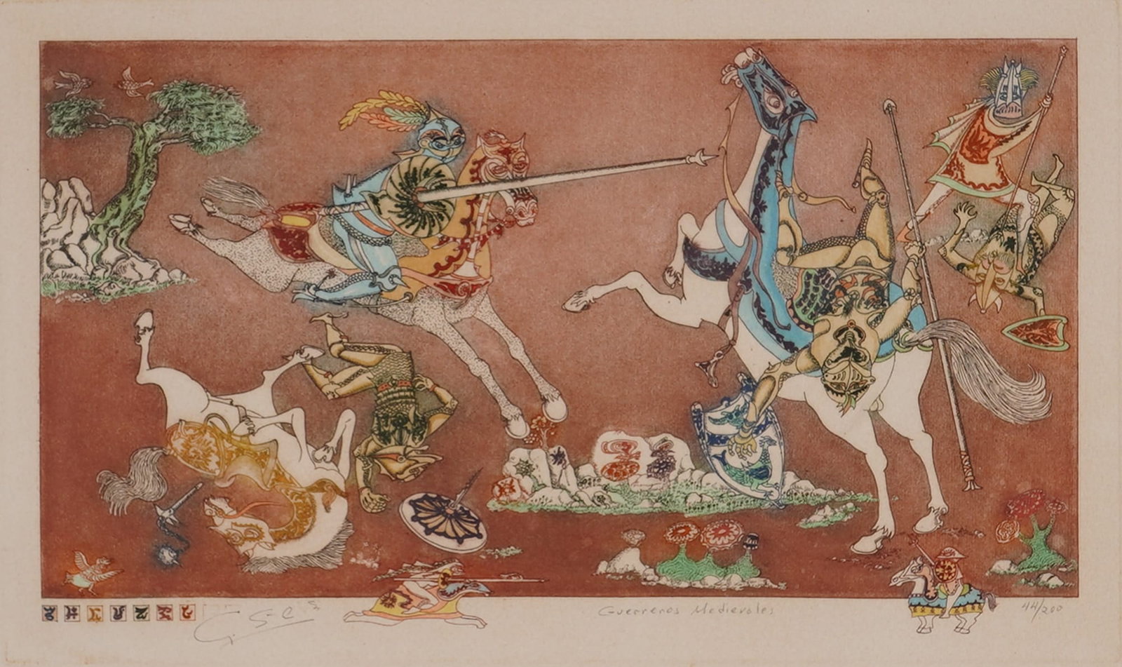 Guillermo Silva Santamaria (Colombian 1921-2007) Etching on Paper, Signed: This work on paper is a limited edition color etching by Colombian artist Guillermo Silva Santamaria titled Guerreros Medievales (Medieval Warriors.) The surrealist composition depicts a battle scene