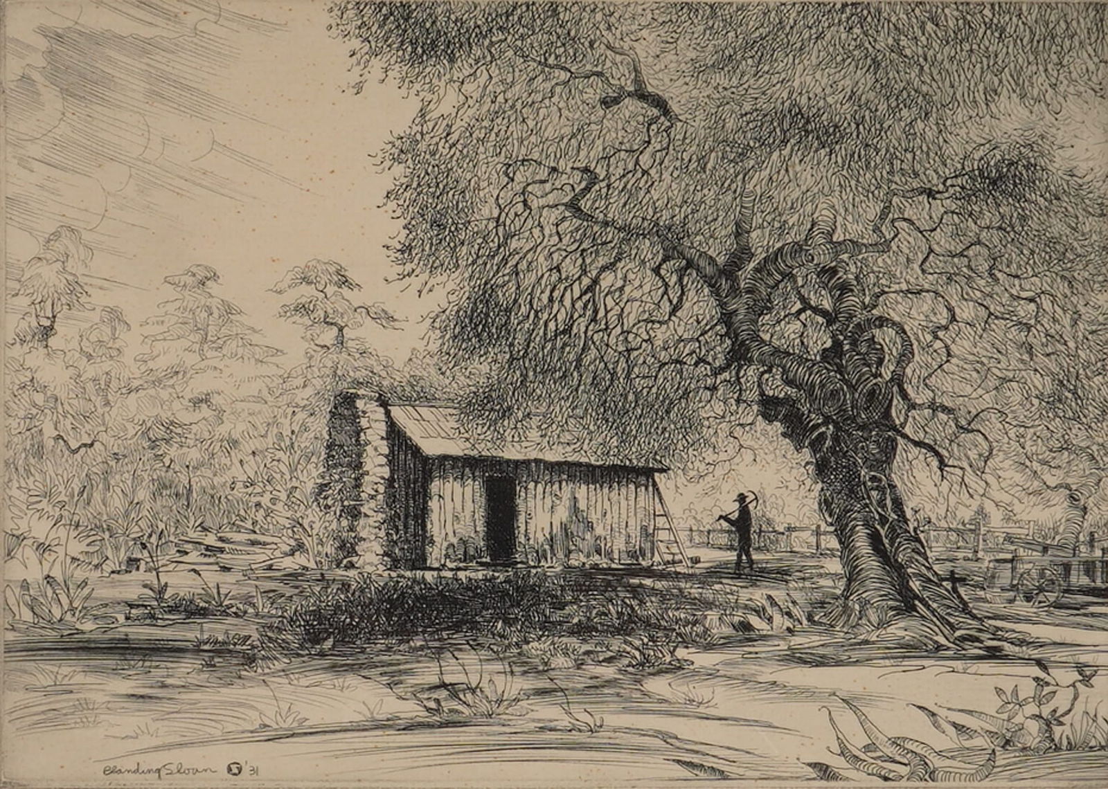 James Blanding Sloan Etching, Mark Twain's Cabin, Jackass Hill, California: This etching on cream wove paper by American artist James Blanding Sloan (1886-1975) is titled Mark Twain's Cabin, Jackass Hill, California. The work depicts a rustic cabin with a stone chimney set ag
