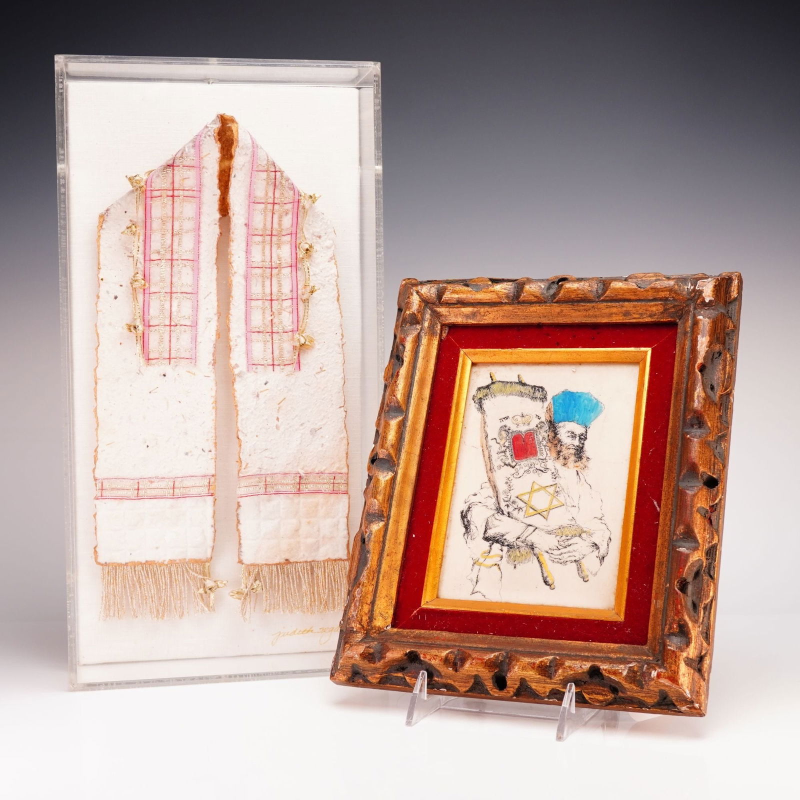 2pc Judaica Art Grouping Featuring Judith Segall Mixed Media Sculpture and Framed Painted Plate: The first item is a mixed media handmade paper sculpture titled Tallis in Pink & Gold by Judith Segall (American, 20th Century). The work is a contemporary interpretation of a Tallit (prayer shawl) cr