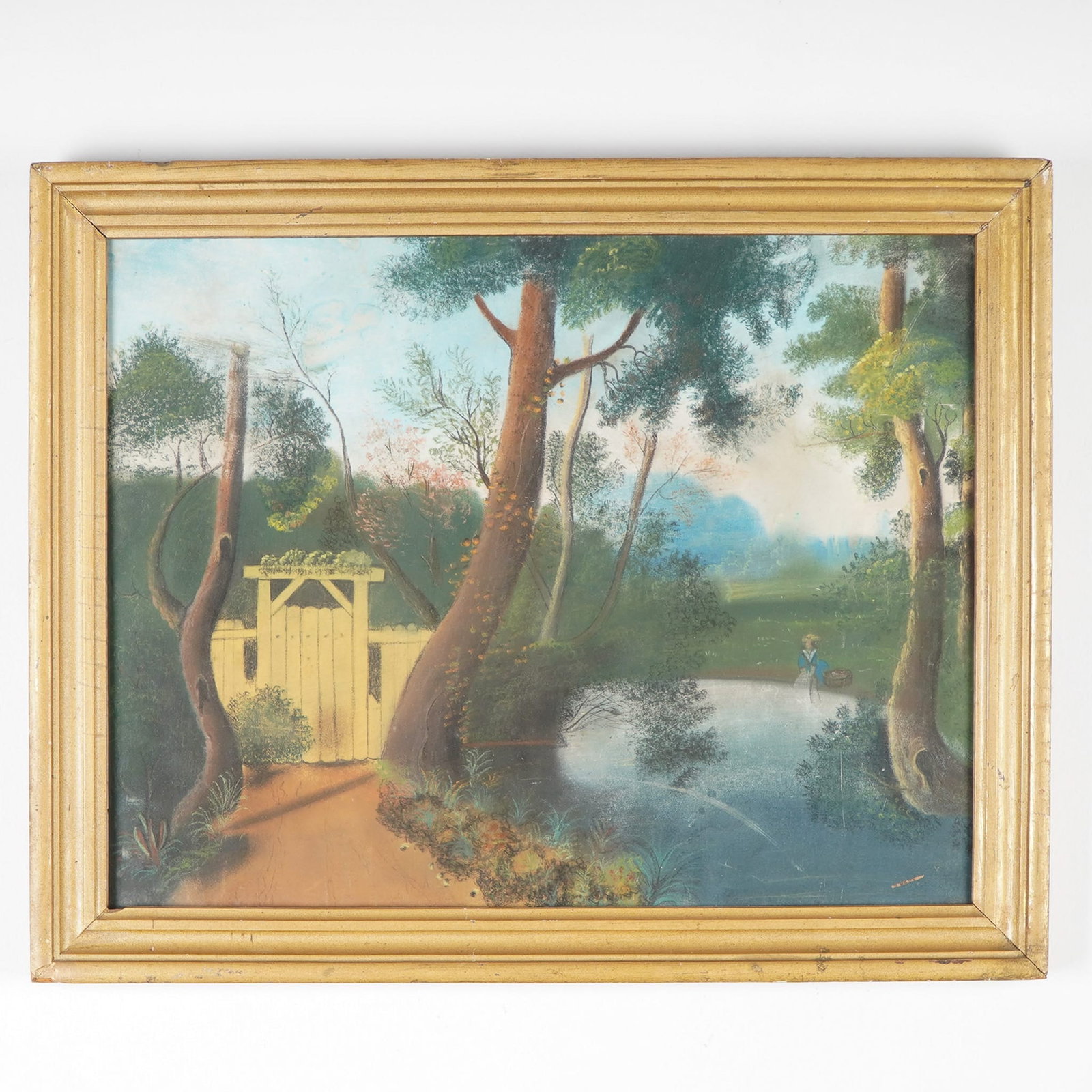 Vintage Pastel Landscape, Girl at Pond with Basket: Framed vintage pastel landscape depicting a serene woodland path leading to a pond, where a young girl stands with a basket beside the water's edge. Lush trees arch over a yellow wooden gate and a win