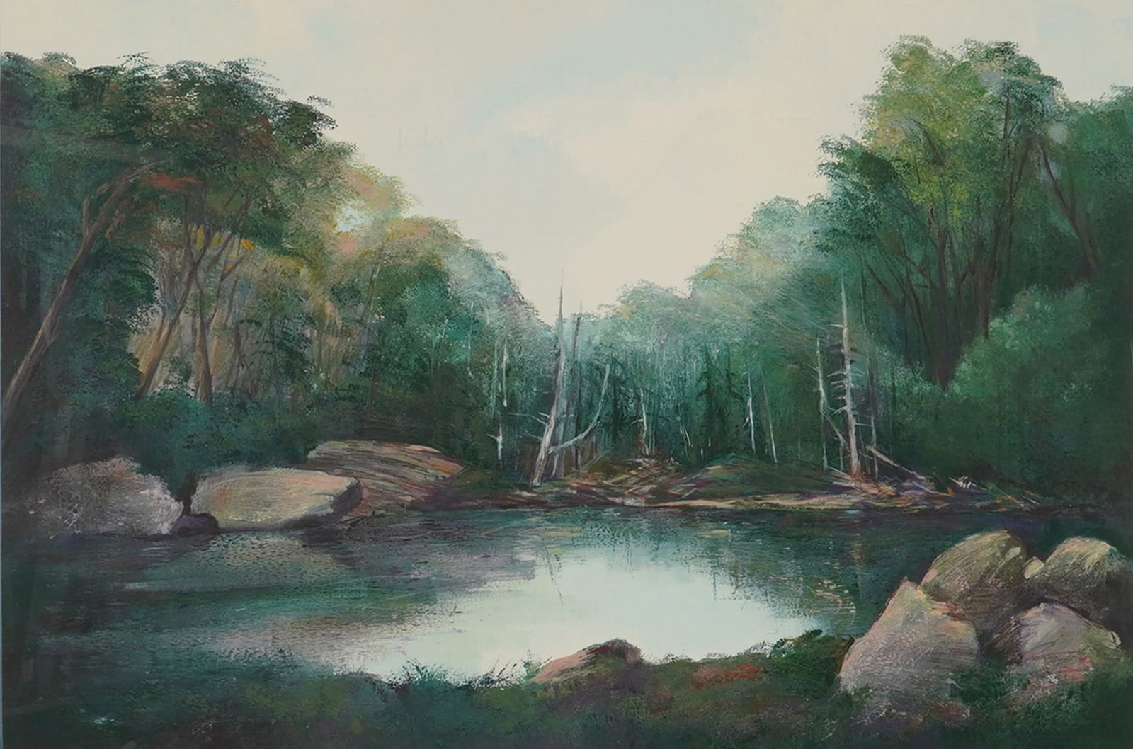 An Impressionist Style Monotype Landscape Print: A framed monotype landscape print depicting a wooded scene with a reflective body of water surrounded by dense trees and large rocky outcrops. The work is executed in an impressionistic style using a