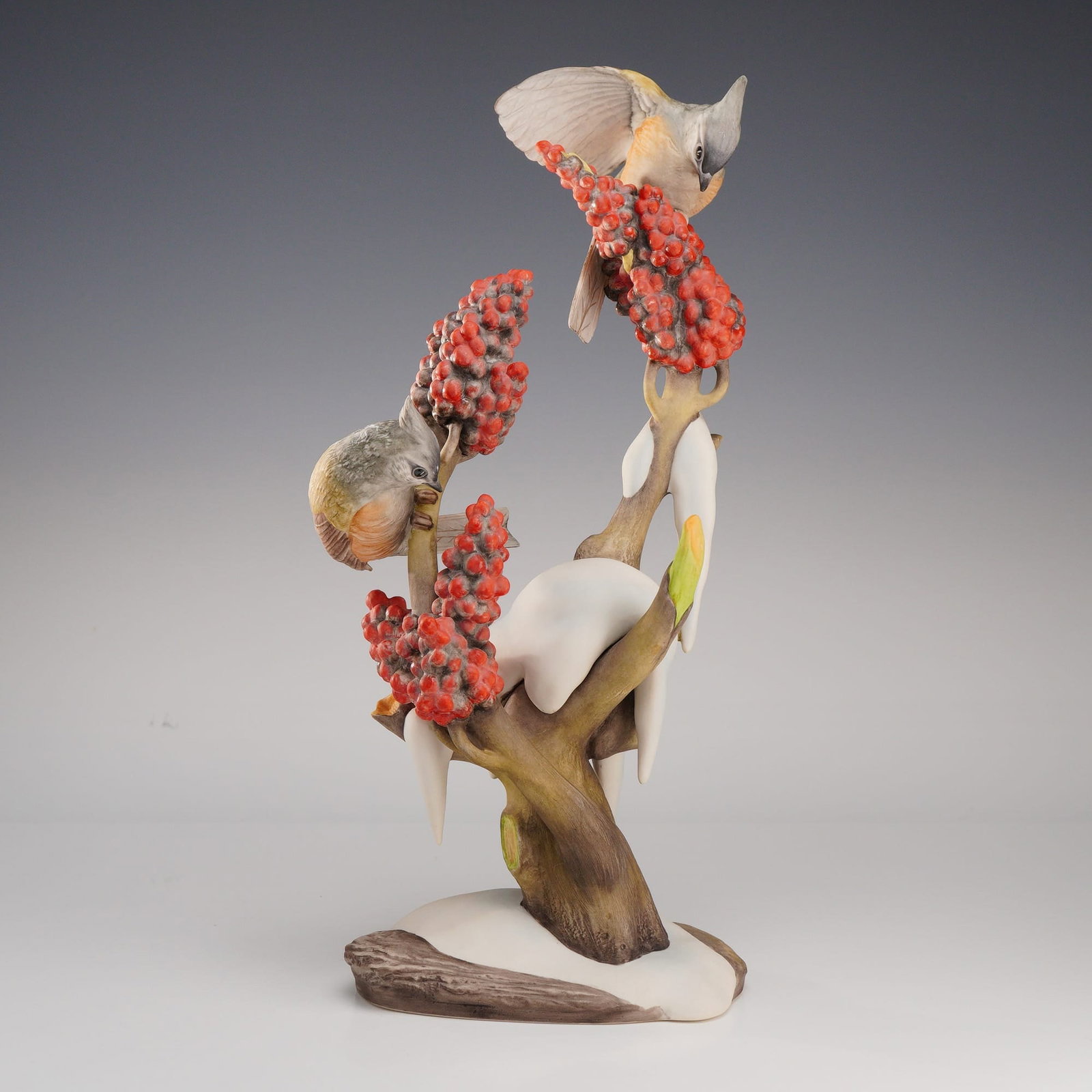 Boehm U.S.A. Limited Edition Porcelain Bird Figurine 482 Tufted Titmice: A fine Boehm U.S.A. Limited Edition porcelain bird figurine, model number 482, titled Tufted Titmice (Parolophus bicolor). This hand-painted bisque porcelain sculpture depicts two lifelike birds perch