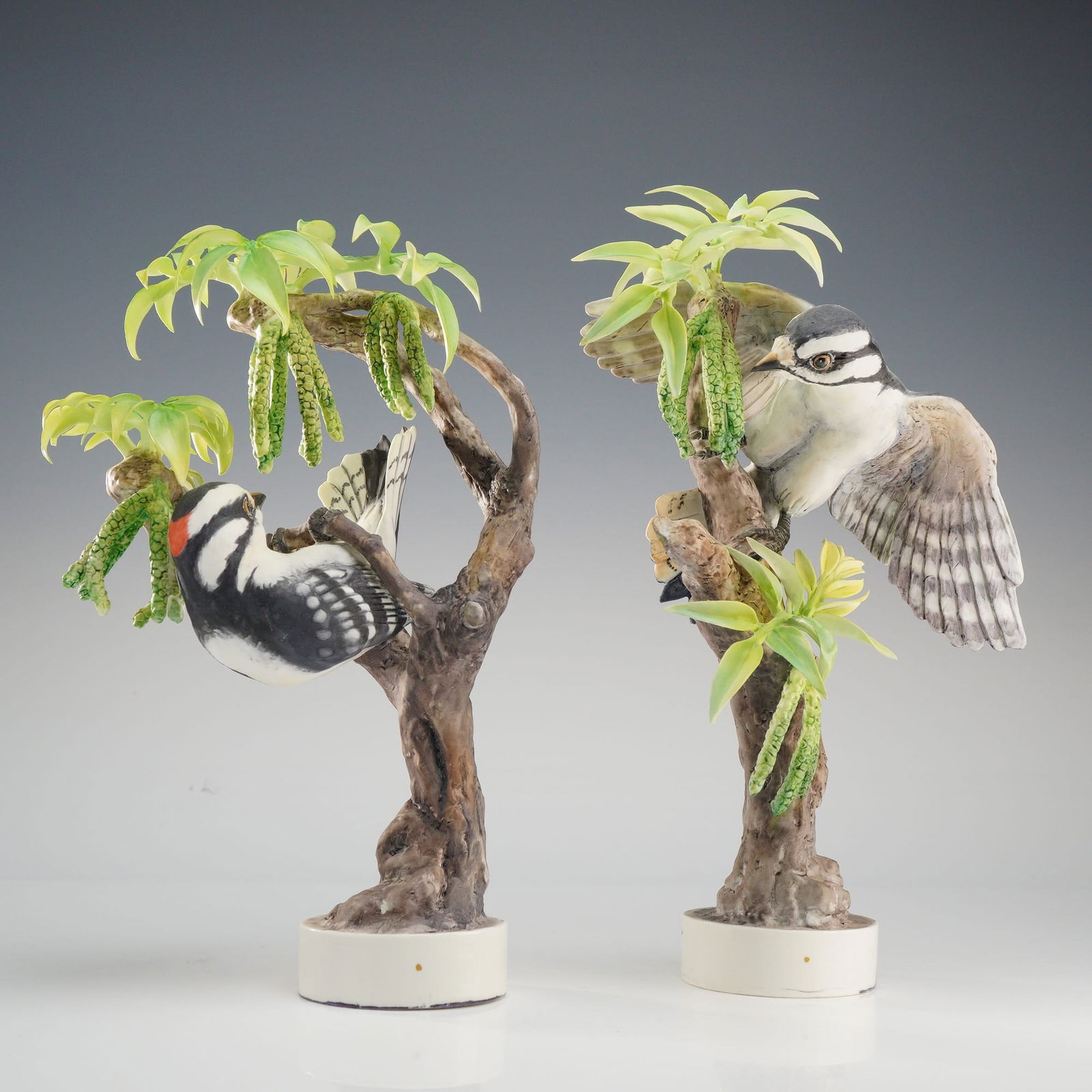 Royal Worcester Pair of Dorothy Doughty Little Downy Woodpeckers and Pecan Figurines: This is a pair of Royal Worcester hand-painted matte-glazed bisque porcelain bird figurines from the American Bird Series designed by Dorothy Doughty. The set depicts a male and female Little Downy Wo