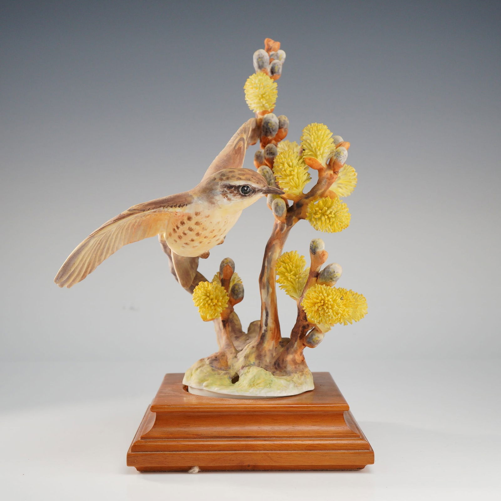 Royal Worcester Vermilion Flycatcher Bird Figurine by Dorothy Doughty: This Royal Worcester Vermilion Flycatcher bird figurine by Dorothy Doughty is a finely modeled and hand-painted bisque porcelain piece. Titled Vermilion Flycatcher with Pussy Willow (Pyrocephalus Rubi