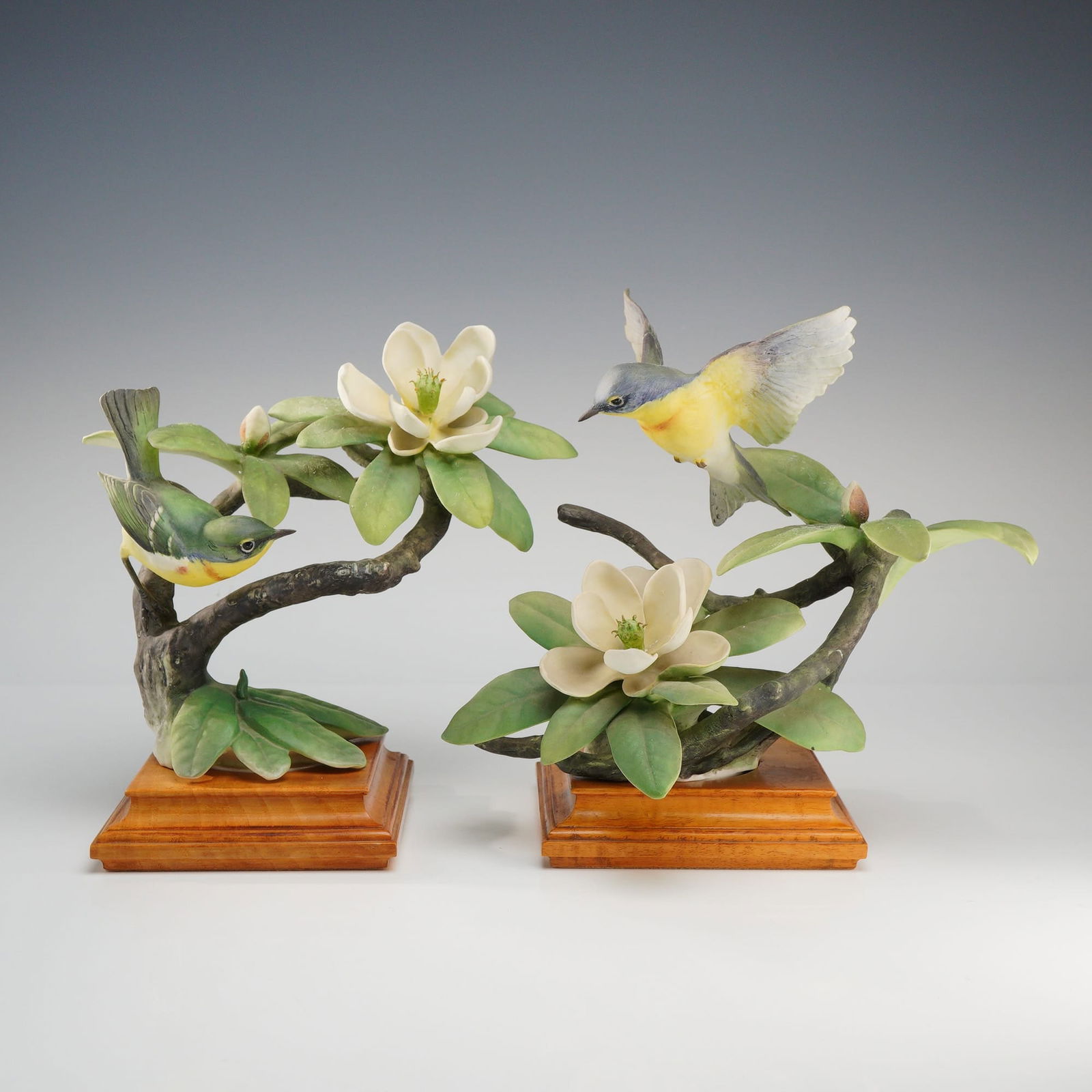 Royal Worcester, Parula Warbler & Sweet Bay Figurines: This is a pair of Royal Worcester hand-painted bisque porcelain bird figurines from the renowned American bird series designed by Dorothy Doughty. The set depicts the Parula Warbler (Parula Americana)