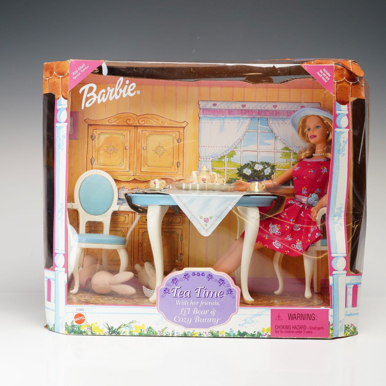 Mattel Tea Time Barbie Gift Set: Manufactured by Mattel, this 1999 Wal-Mart Special Edition gift set features a vinyl Barbie fashion doll with rooted blonde synthetic hair and fixed painted blue eyes. The doll is dressed in her origi