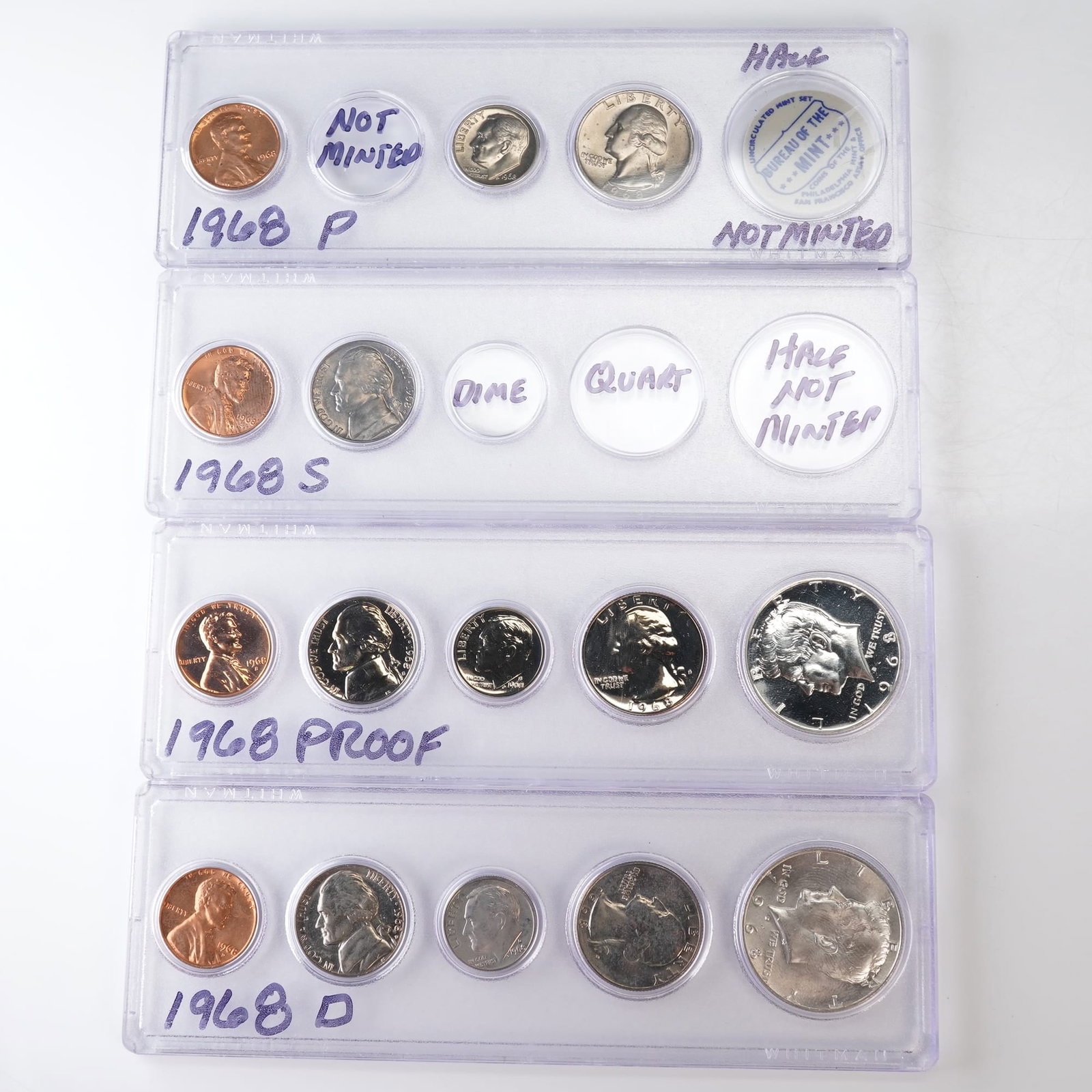 4pc 1968, 1968 D,P,S U.S. Mint Proof and Coin Sets: United States Mint coin sets, including the Philadelphia (P) uncirculated set, the Denver (D) uncirculated set, the San Francisco (S) set containing only the cent and nickel because the dime, quarter,