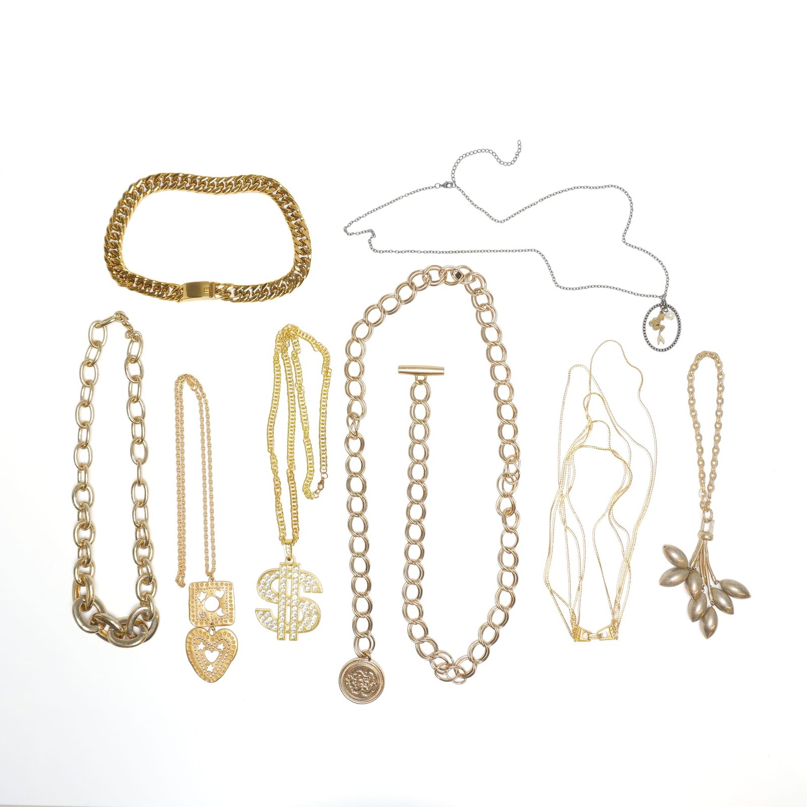 Vintage and Contemporary Costume Jewelry Group, Mostly Gold-Tone, 8 Pieces: This lot features an 8pc mostly gold toned necklace and one belt jewelry lot. The collection includes a variety of styles ranging from bold statement pieces to delicate accents. Highlights include a c