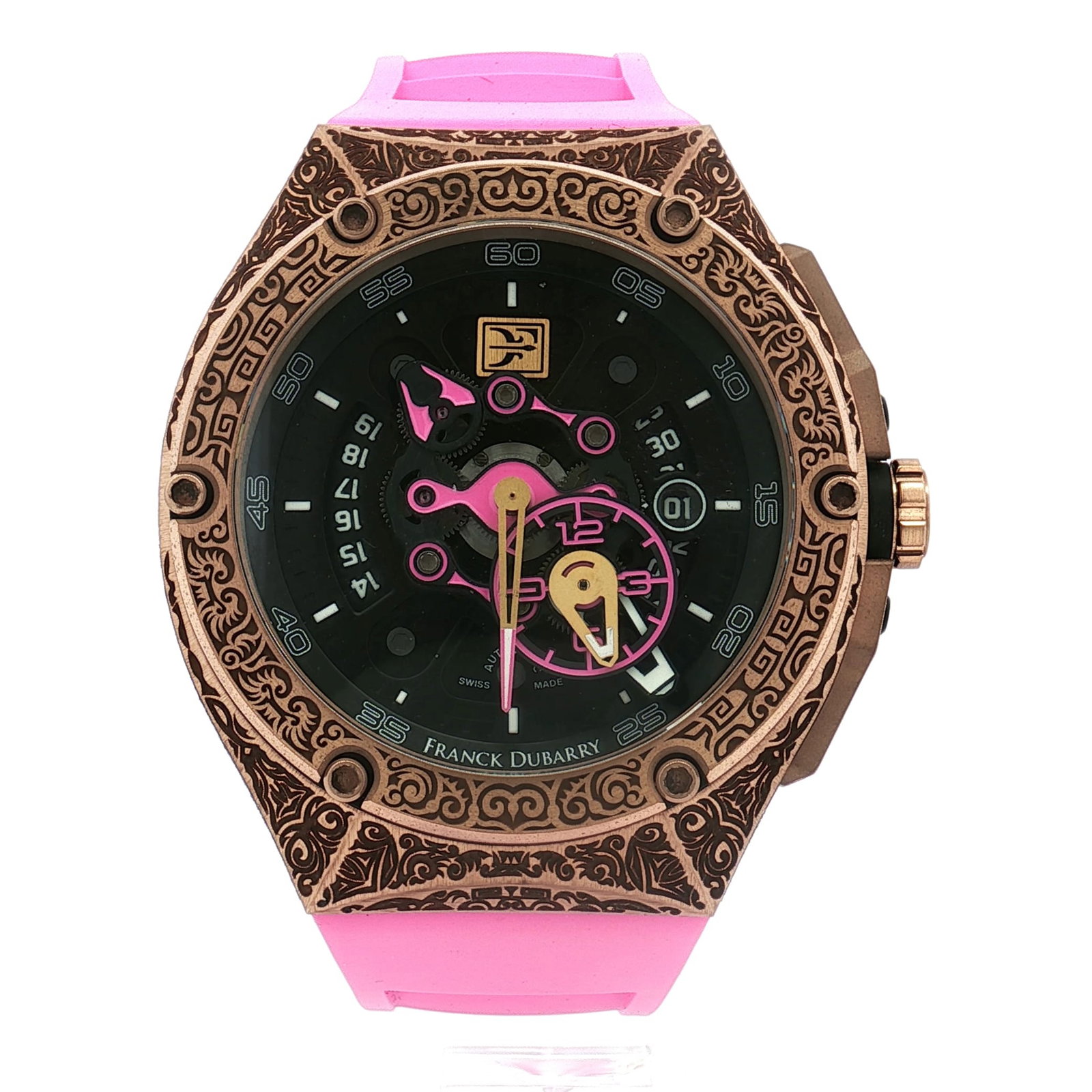 Franck Dubarry Crazy Wheel Limited Edition Bronze-Tone Automatic Watch: A Franck Dubarry Crazy Wheel statement watch that features a Swiss automatic movement housed in an intricately engraved bronze-tone case with an angular, multi-faceted design. The semi-skeletonized bl