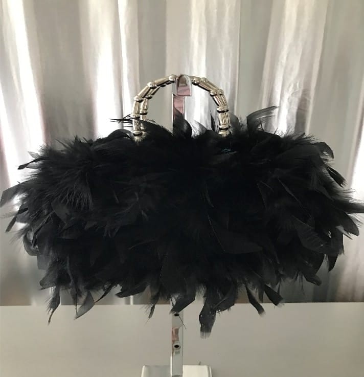 Irene Marie Angel Bag, Mary Barbie Retro: One-of-a-kind, unique creation, black chandelle feathers, turquoise silk lining, gun metal bamboo handle. Angel of the Night Sky. Your Angel of the Night has come to say that as you carry my beautiful