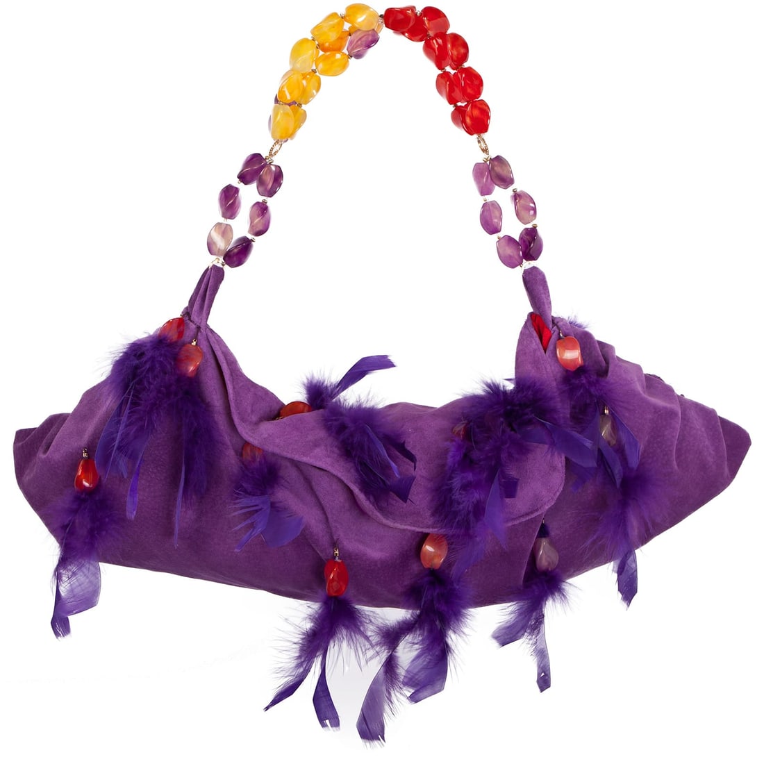 Irene Marie Angel Bag, Toni Fashion Medio Leather: One-of-a-kind, unique creation, couture purple suede fashion handbag with purple chandelle feathers and an acrylic nugget handle. Lining Red suede. Handle Purple red and yellow acrylic nuggets. Size T