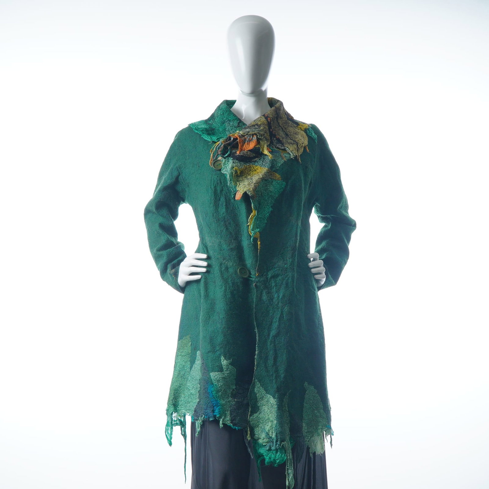 Galina Kostanda Handmade Nuno-Felted Silk and Wool Art-to-Wear Coat: This lot features a one-of-a-kind artisanal, knee-length coat handcrafted by Galina Kostanda. The piece are executed using nuno-felting techniques, which fuse wool fibers into a batik-dyed silk base t