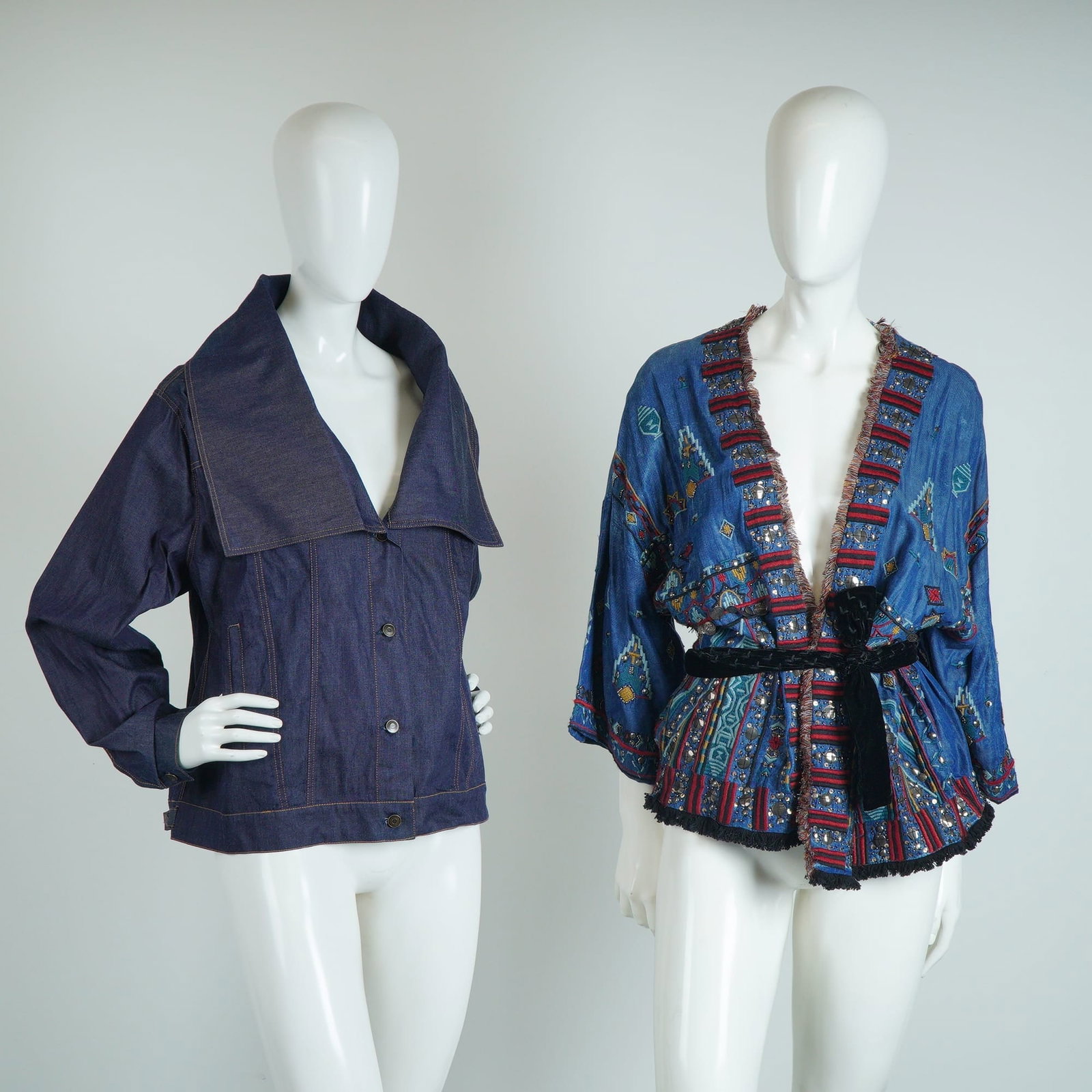 2pc Ruti and Zara Woman Embellished Denim Jackets: A two-piece collection of contemporary women's denim outerwear. The first garment is a Ruti Vanessa Denim Jacket in a dark indigo wash, featuring a dramatic oversized spread collar, contrast ochre top