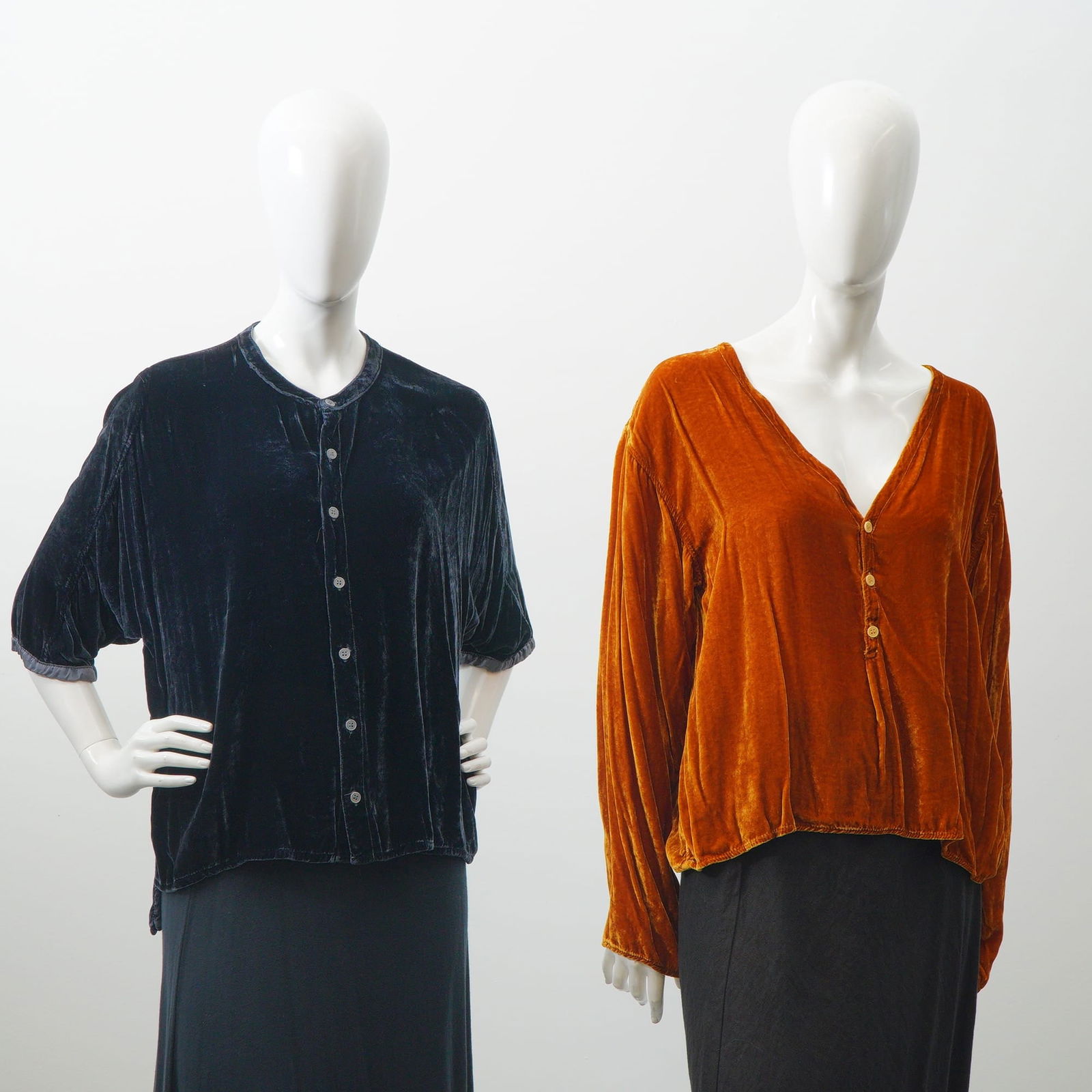 2pc CP Shades Rayon and Silk Black & Deep Gold Velvet Blouses: This lot features two blouses by CP Shades, including the Mina and Kelsi models, both crafted from a luxurious rayon and silk blend velvet. The Mina blouse in black is designed with a short-sleeved, b