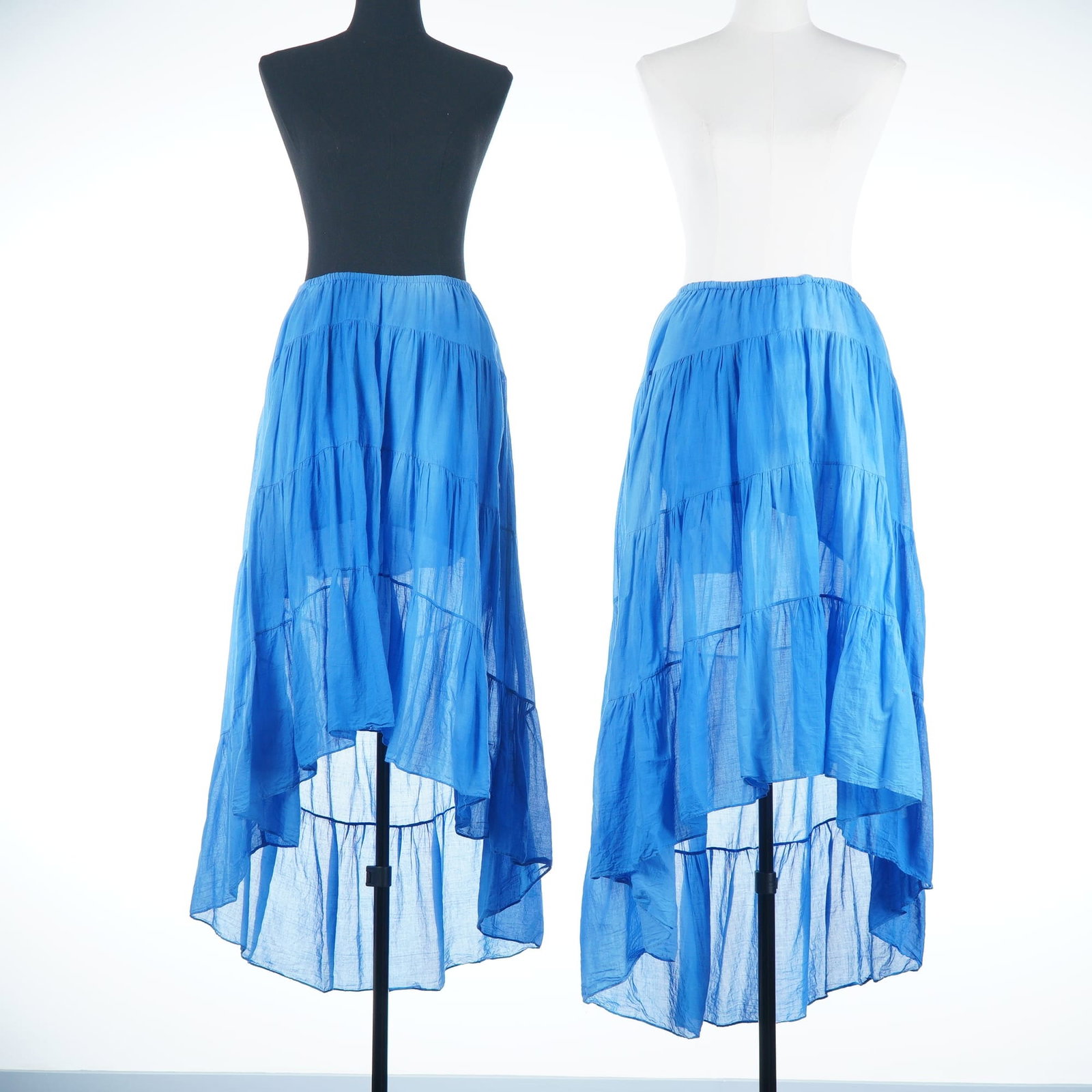 2pc Johnny Was Amanda Joynd Tiered Linen Skirts in Cerulean Blue: Two Johnny Was skirts crafted from lightweight linen in a vibrant cerulean blue. Each garment is designed with a pull-on elasticated waistband and a four-tiered gathered construction. The silhouette i