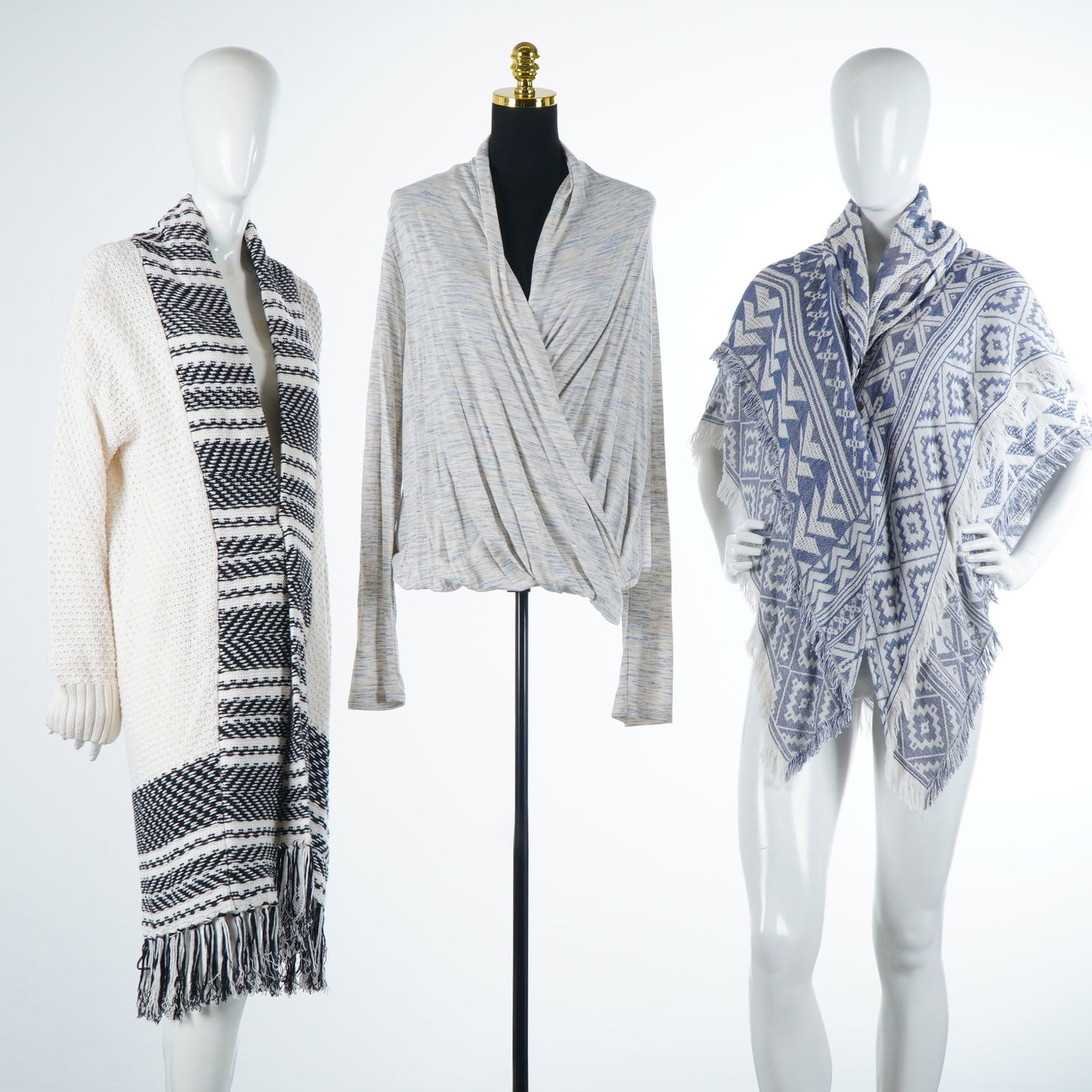 3pc Anthropologie, H&M, and Bohemian Style Women Knitwear Collection: This collection consists of three contemporary women's knit garments featuring bohemian-inspired designs. The first item is an H&M long-line open-front cardigan crafted in a chunky cream knit with bla