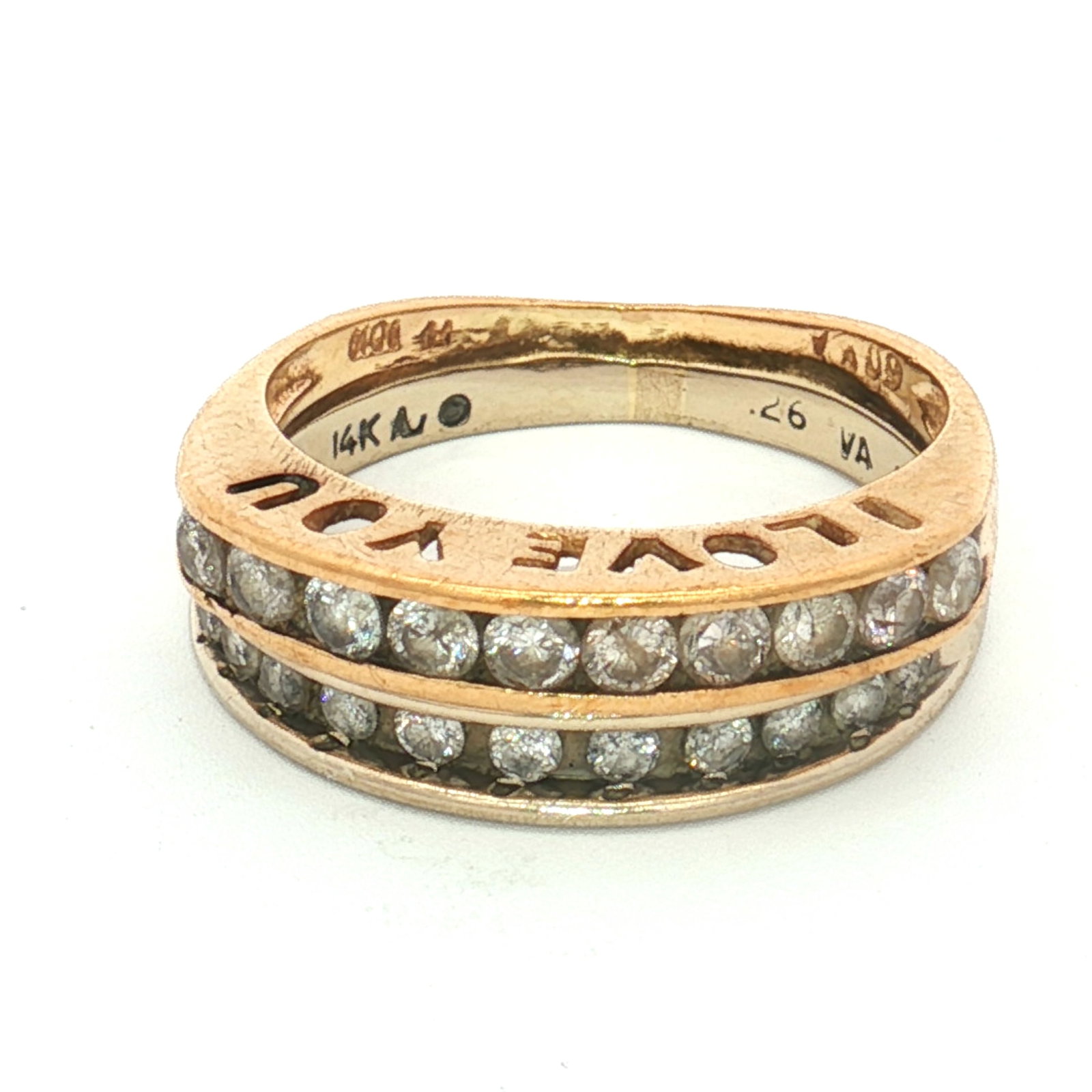 14K & 10K Two-Tone I Love You Diamond Ring: Two-tone fused band ring featuring a 14K white gold band and a 10K yellow gold band soldered together as a single piece. Each band is set with a row of round diamonds, totaling 21 diamonds. The yellow